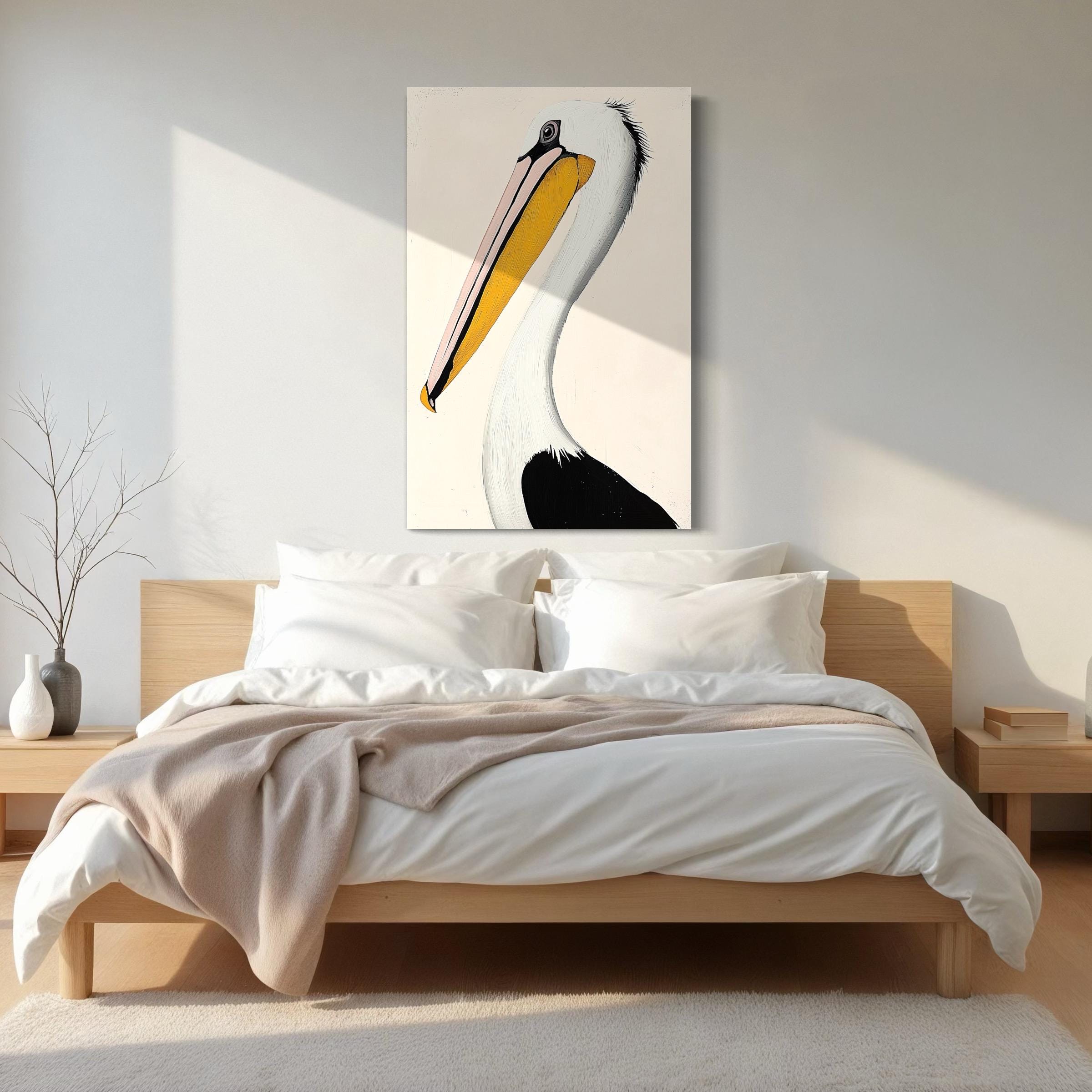 Arte mural abstracto de pelícano: lienzo costero, impresión minimalista de aves, pintura moderna de aves marinas, arte abstracto de pelícano grande, obra de arte náutico