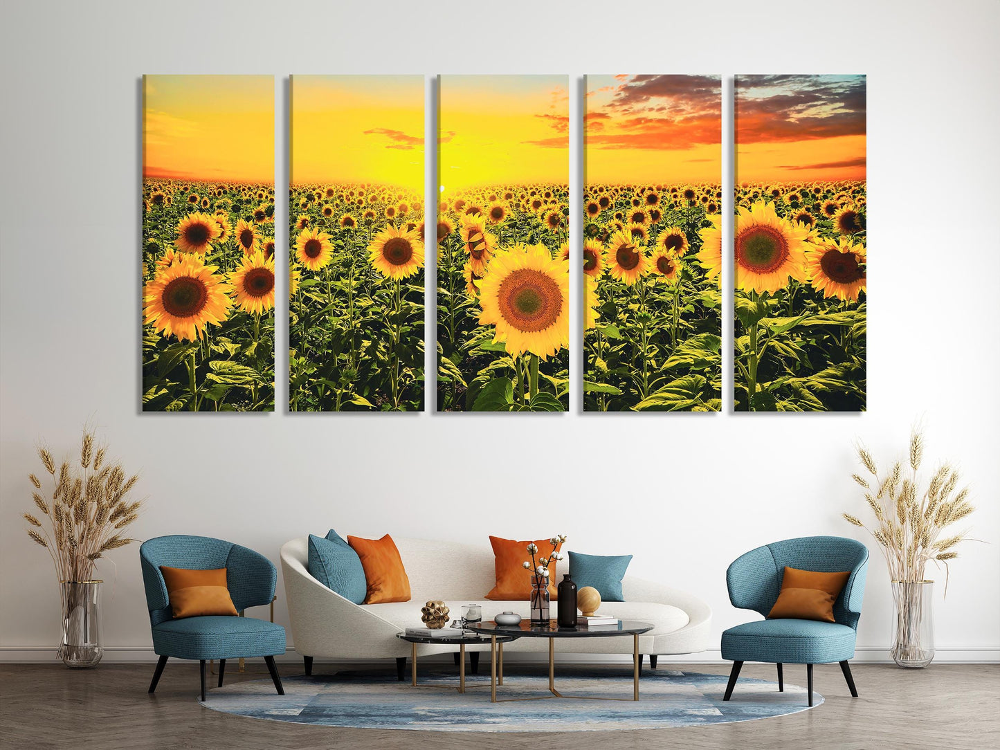 Sunflower Field Canvas Print, Sunset Landscape Wall Art, Bright Floral Decor, Large 3 Panel Sunflower Artwork, Vibrant Nature Canvas Print