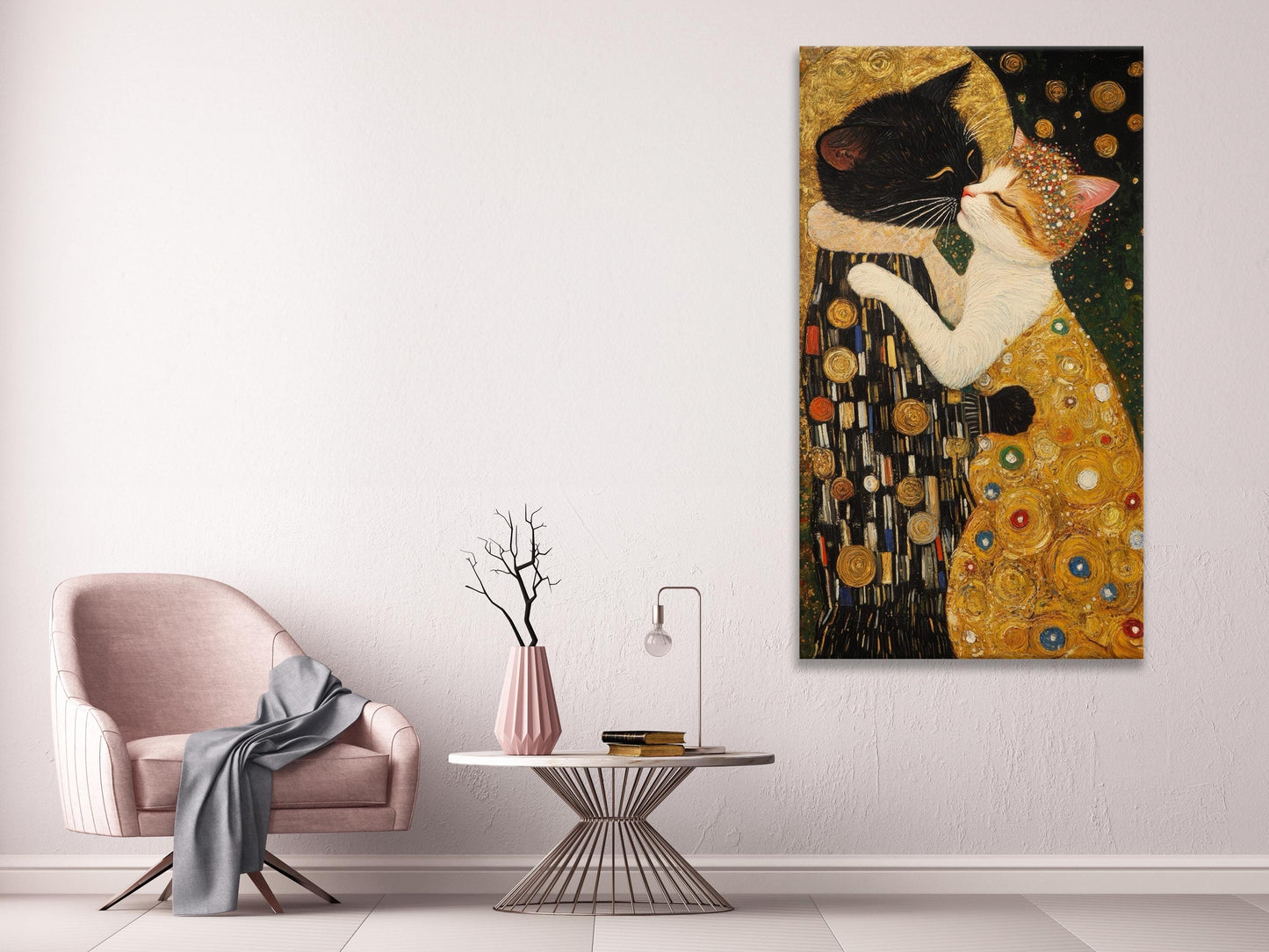 The Kiss: Cat Version Wall Art - Gustav Klimt Inspirado de arte, arte de pared de gato moderno, arte de lona de gatos, idea de regalo de gatos amantes, pintura de gatos grandes