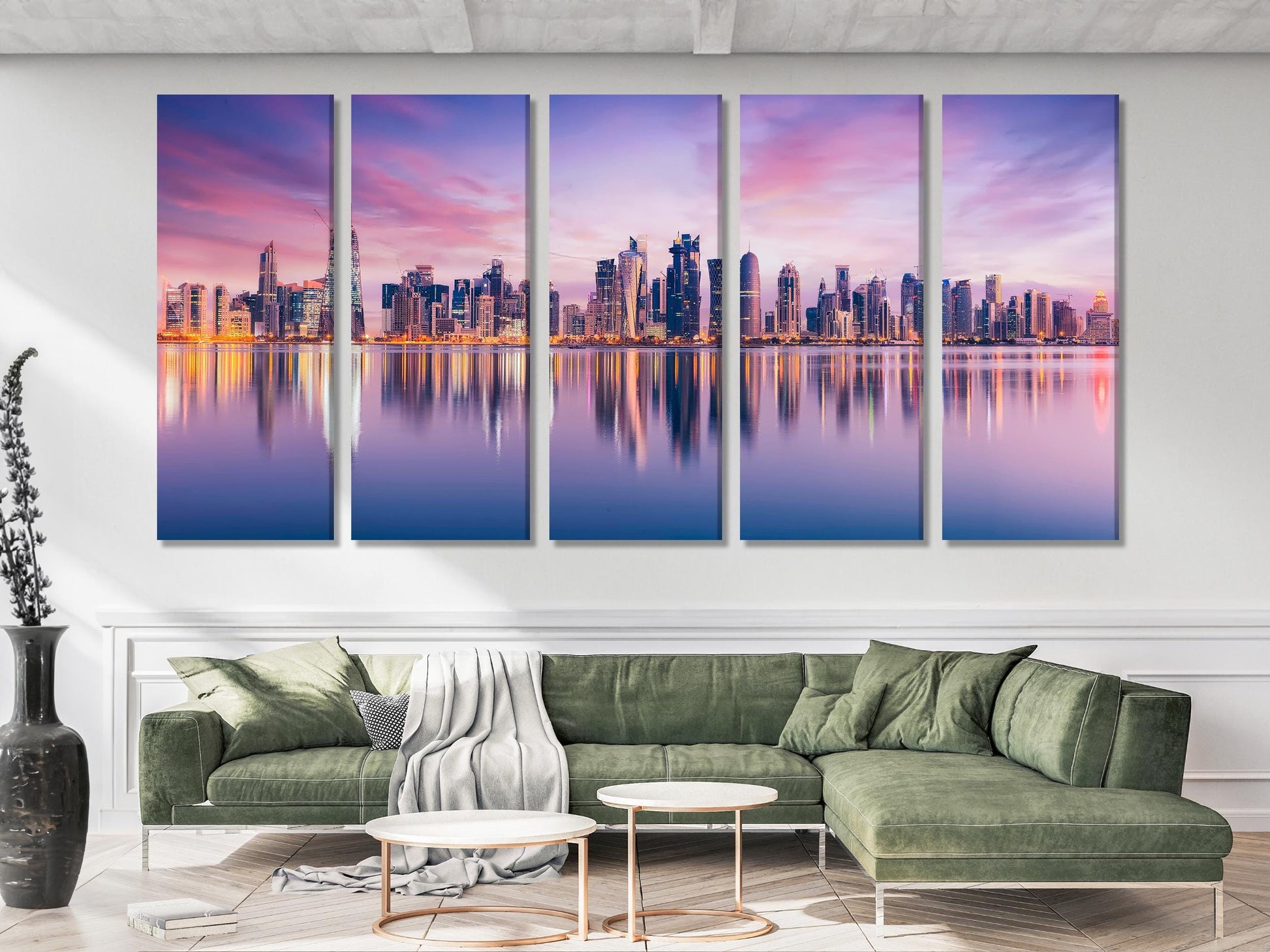 Striking Gulf city skyline captured in a premium canvas print, spotlighting shimmering high-rises and tranquil waters for a stunning artwork addition.