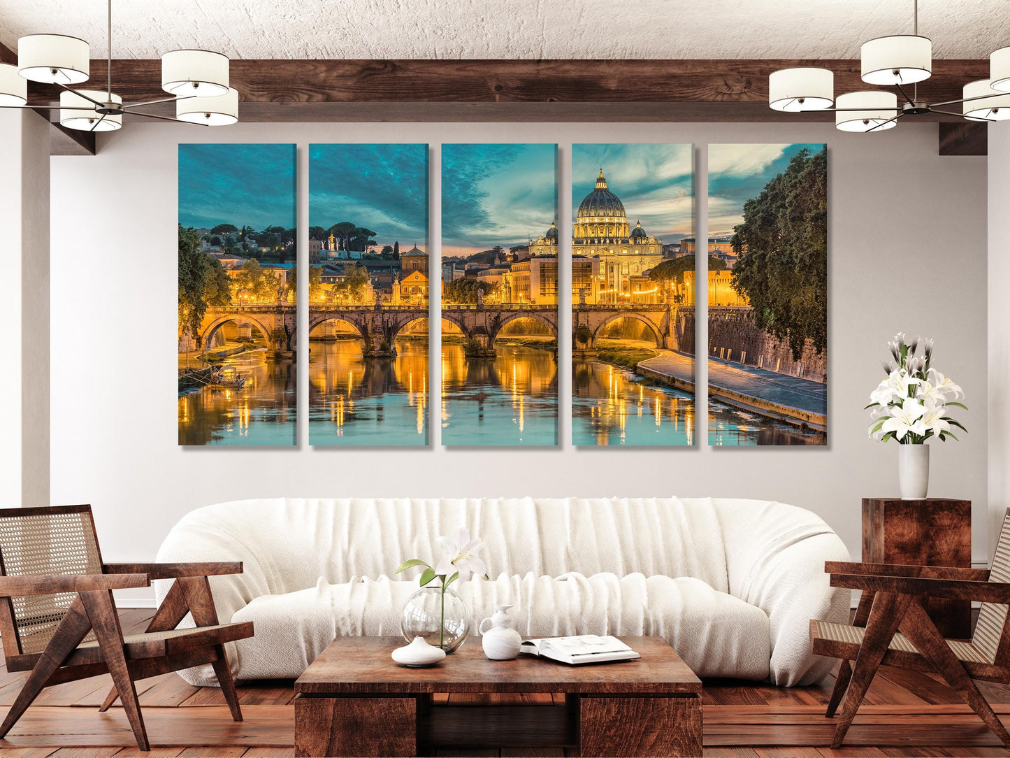 Leinwanddruck Rom, Vatikan – Extra große Skyline bei Sonnenuntergang mit dem Petersdom und dem Tiber als Wandkunst für die Wanddekoration zu Hause oder im Büro