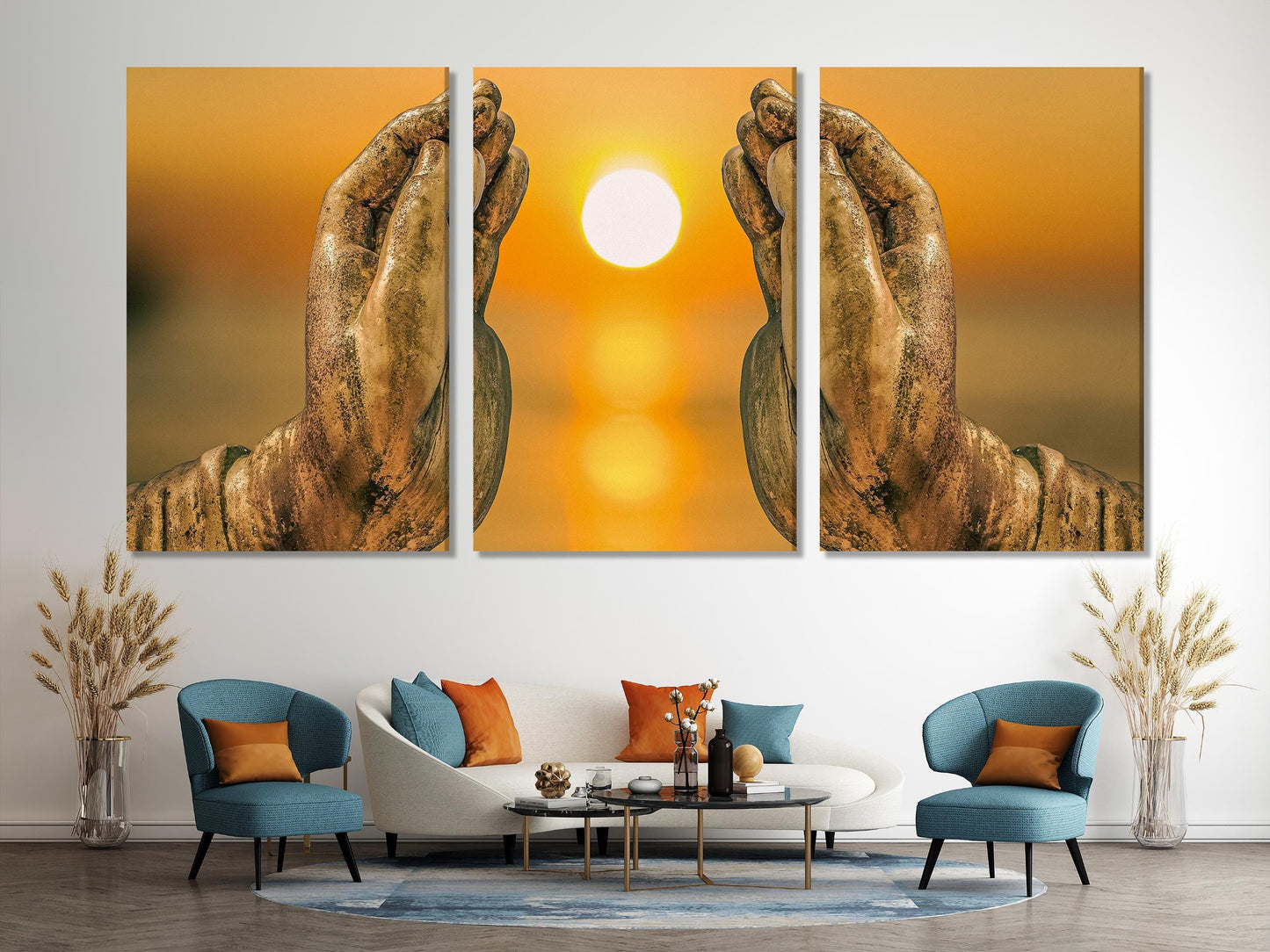 Buddha Hand Wall Art – Zen Sunset Canvas Print, Warm Tone Spa Wall Art, Large Meditative Wall Decor for Yoga Studio or Zen-Inspired Spaces