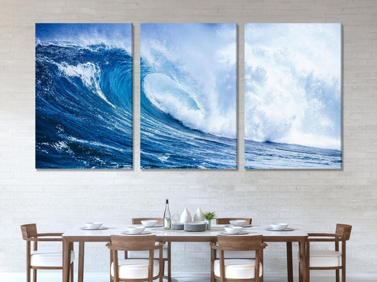 Captivating marine artwork highlighting crashing foam and rich navy hues, designed as a multi-panel wall art piece to elevate contemporary coastal painting décor.