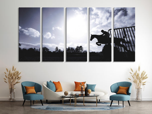 Large Silhouette Horse Canvas Print, Equestrian Jumping Wall Art, XXL Racehorse in Motion Artwork, Dynamic Equestrian Canvas for Home Decor