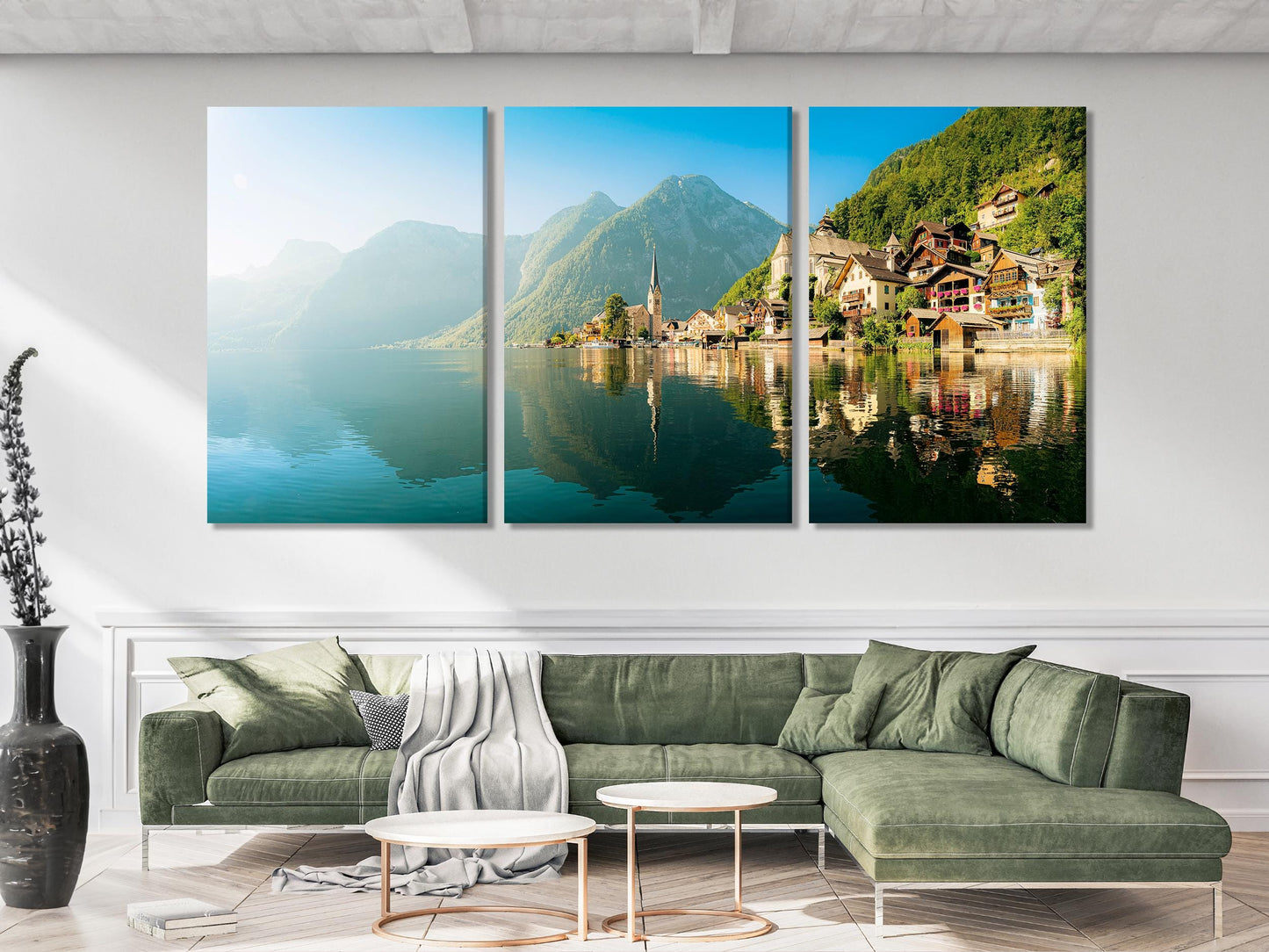 Estampado de lienzo de Hallstatt Austria, gran arte europeo de muro de la aldea, fotografía de paisajes de lago y montaña, decoración extra grande inspirada en viajes
