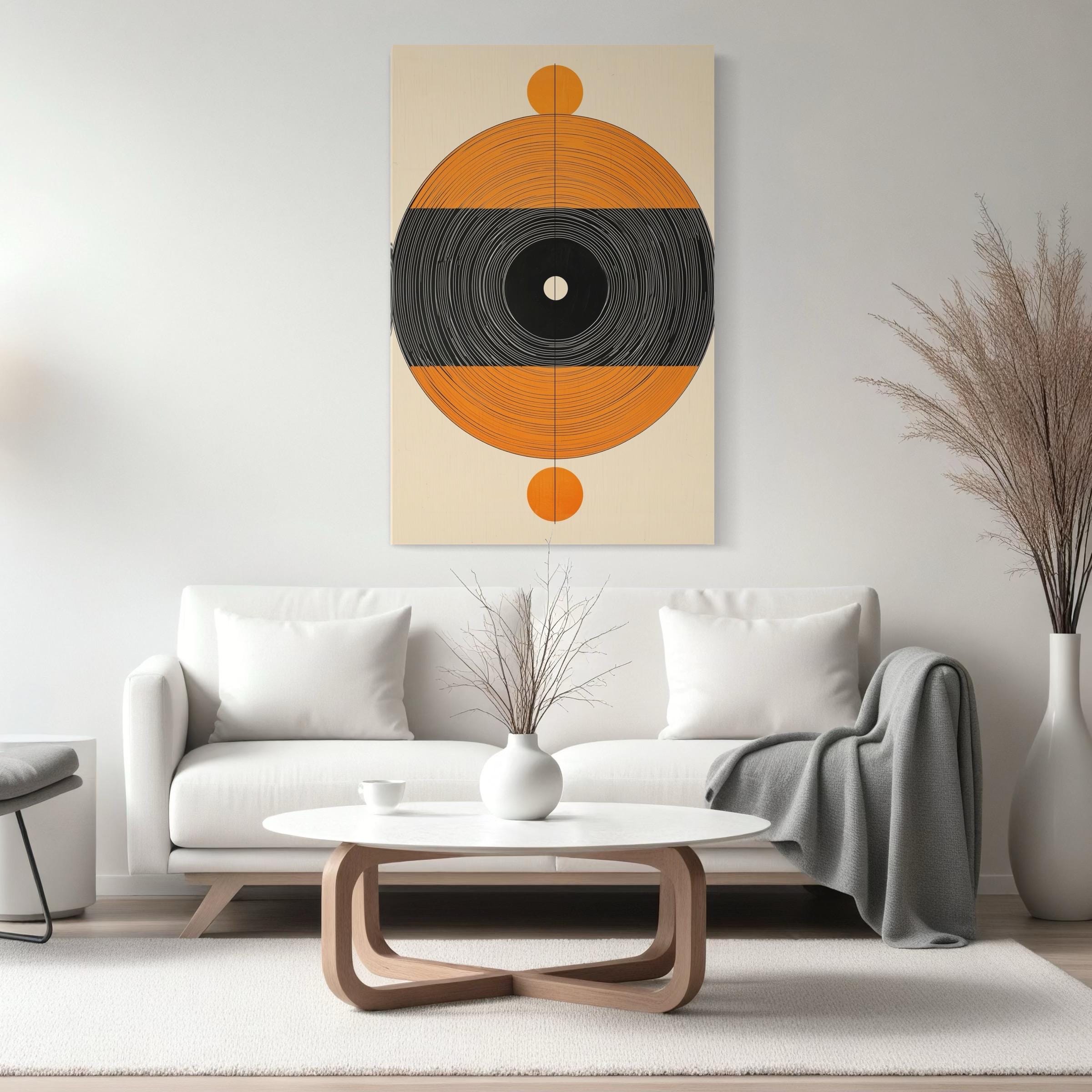 Mid Century Modern Wall Art - Vinyl Record Inspired Canvas, Beige & Orange Retro Wall Decor, Abstract Music Print, Geometric Minimalist Art