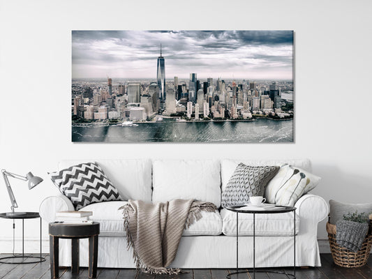 Modern city skyline wall art presenting a panoramic aerial view, featuring sleek high-rises and reflective waters for a bold urban-inspired painting.