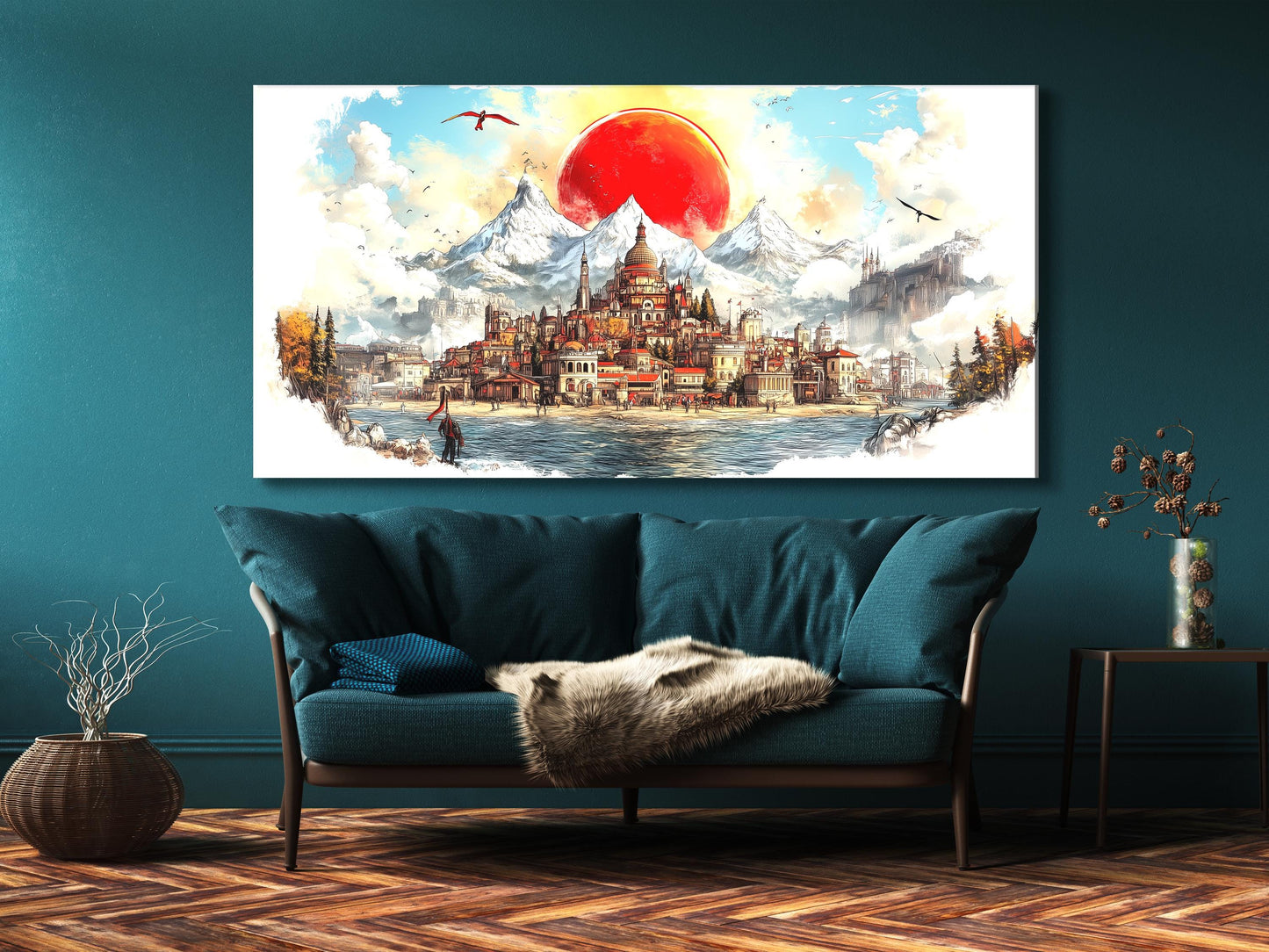 Medieval Town Canvas Print Fantasy Cityscape Wall Art Majestic Mountain Painting Scenic Red Sun Artwork Abstract Landscape Decor