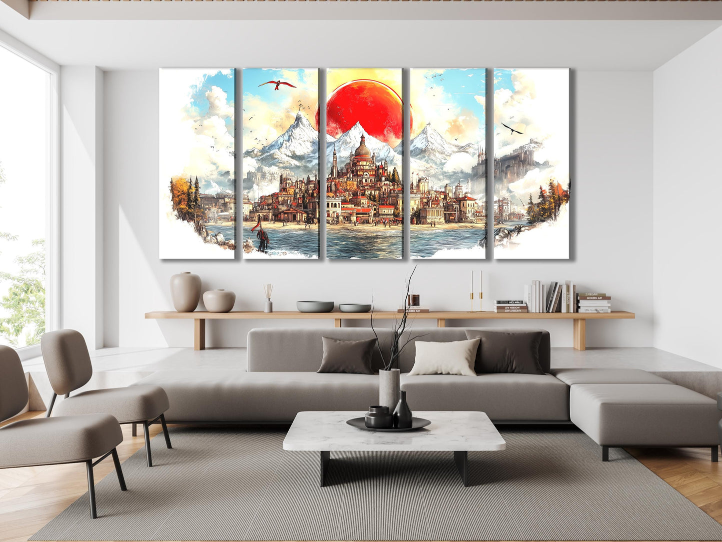 Medieval Town Canvas Print Fantasy Cityscape Wall Art Majestic Mountain Painting Scenic Red Sun Artwork Abstract Landscape Decor