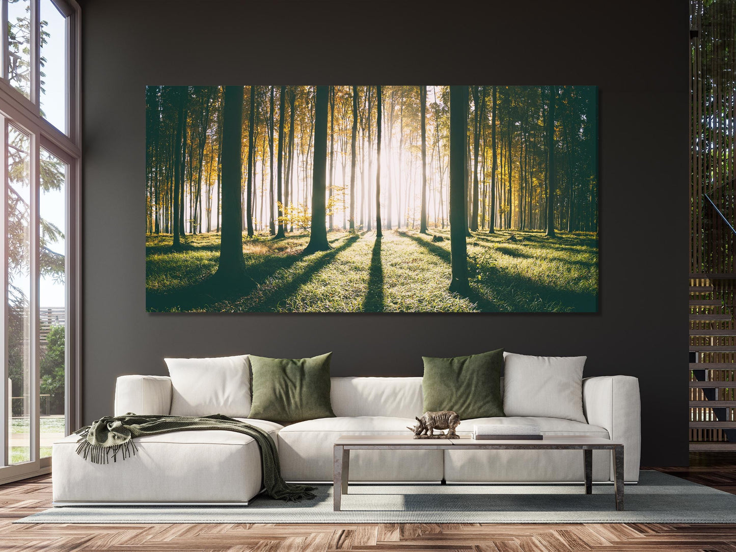 Enchanting forest canvas print highlighting soft sunlight filtering through towering trunks, creating a tranquil painting that complements modern or rustic artwork themes.