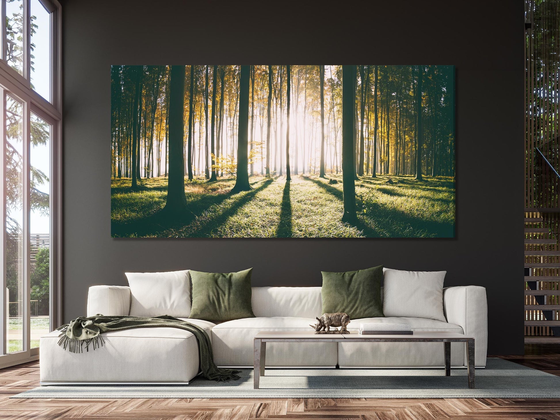Enchanting forest canvas print highlighting soft sunlight filtering through towering trunks, creating a tranquil painting that complements modern or rustic artwork themes.