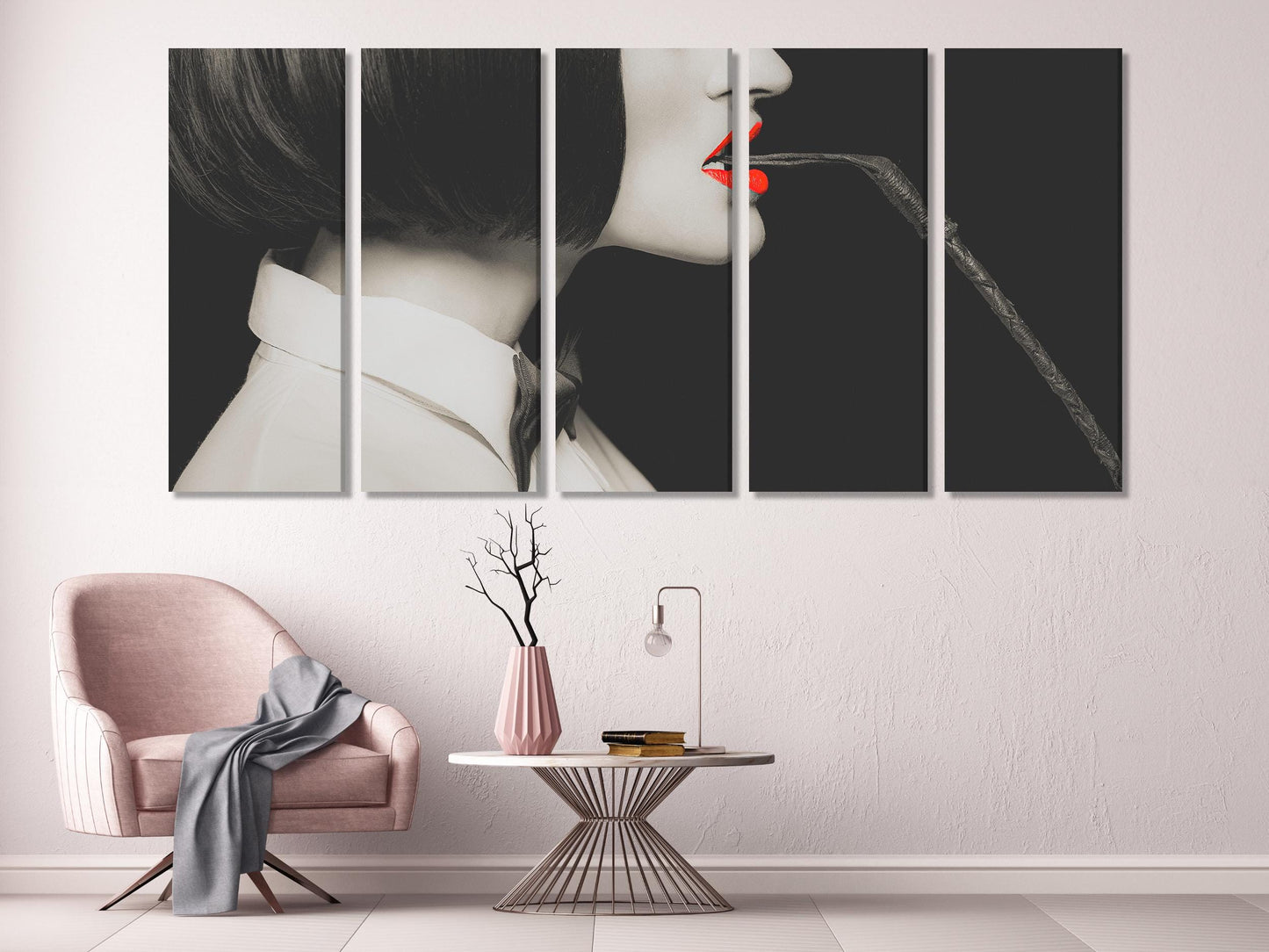 Elegant BDSM Art Print – Bold Red Lips and Whip Wall Art, Sensual Canvas Print Wall Decor for Kinky Boudoir or Dungeon Aesthetic