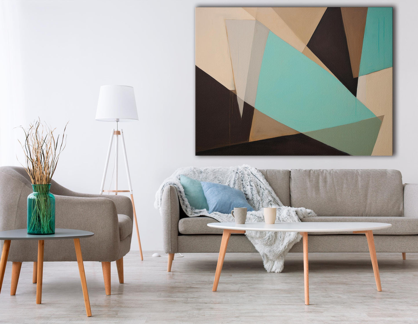 Geometric Canvas Wall Art, Abstract Triptych Painting, Minimalist Home Decor, Extra Large Canvas Print, Teal Beige Black Artwork, Gift Idea