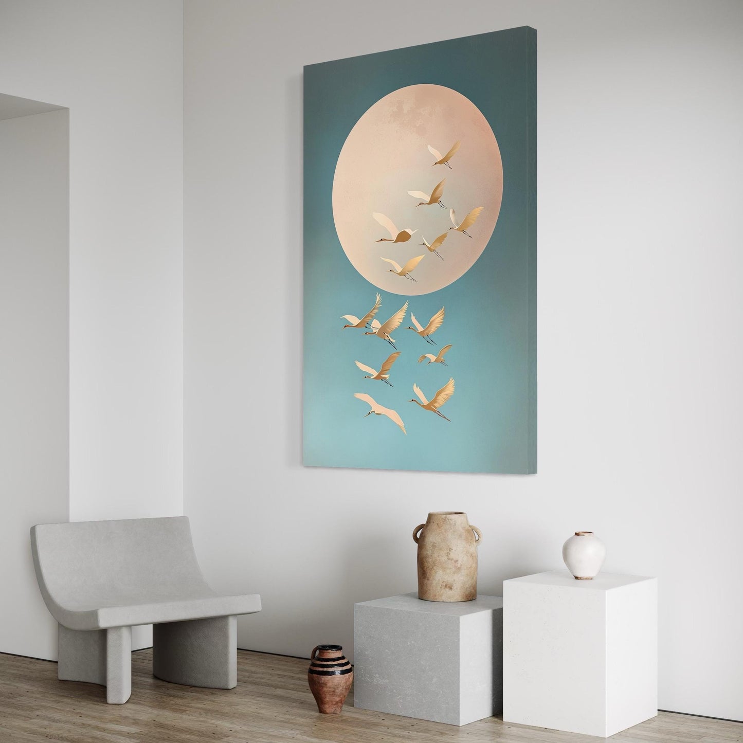 Zen Bedroom Wall Art Beige Moon Art Pastel Canvas Prints Tsuru Birds Print Spring Prints Sky Blue Japanese Cranes Wall Art Large Japandi Art
