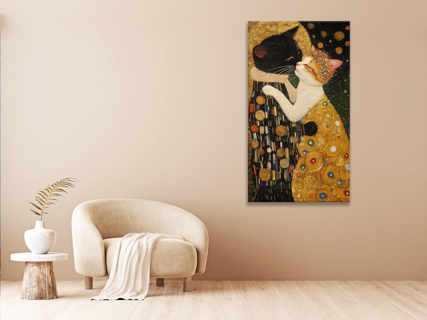 The Kiss: Cat Version Wall Art - Gustav Klimt Inspirado de arte, arte de pared de gato moderno, arte de lona de gatos, idea de regalo de gatos amantes, pintura de gatos grandes