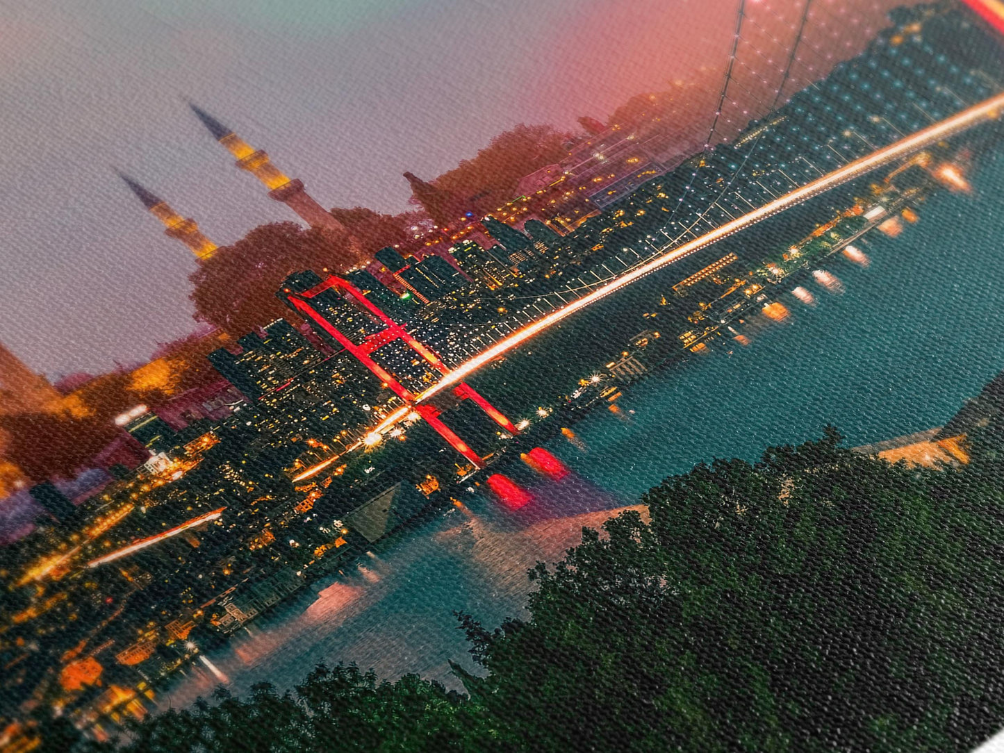 Seni Dinding Panorama Bosphorus Istanbul, Matahari Terbenam di atas Masjid Suleymaniye dan Jambatan Bosphorus, Cetakan Kanvas Pemandangan Bandar Turki untuk Hiasan Pejabat