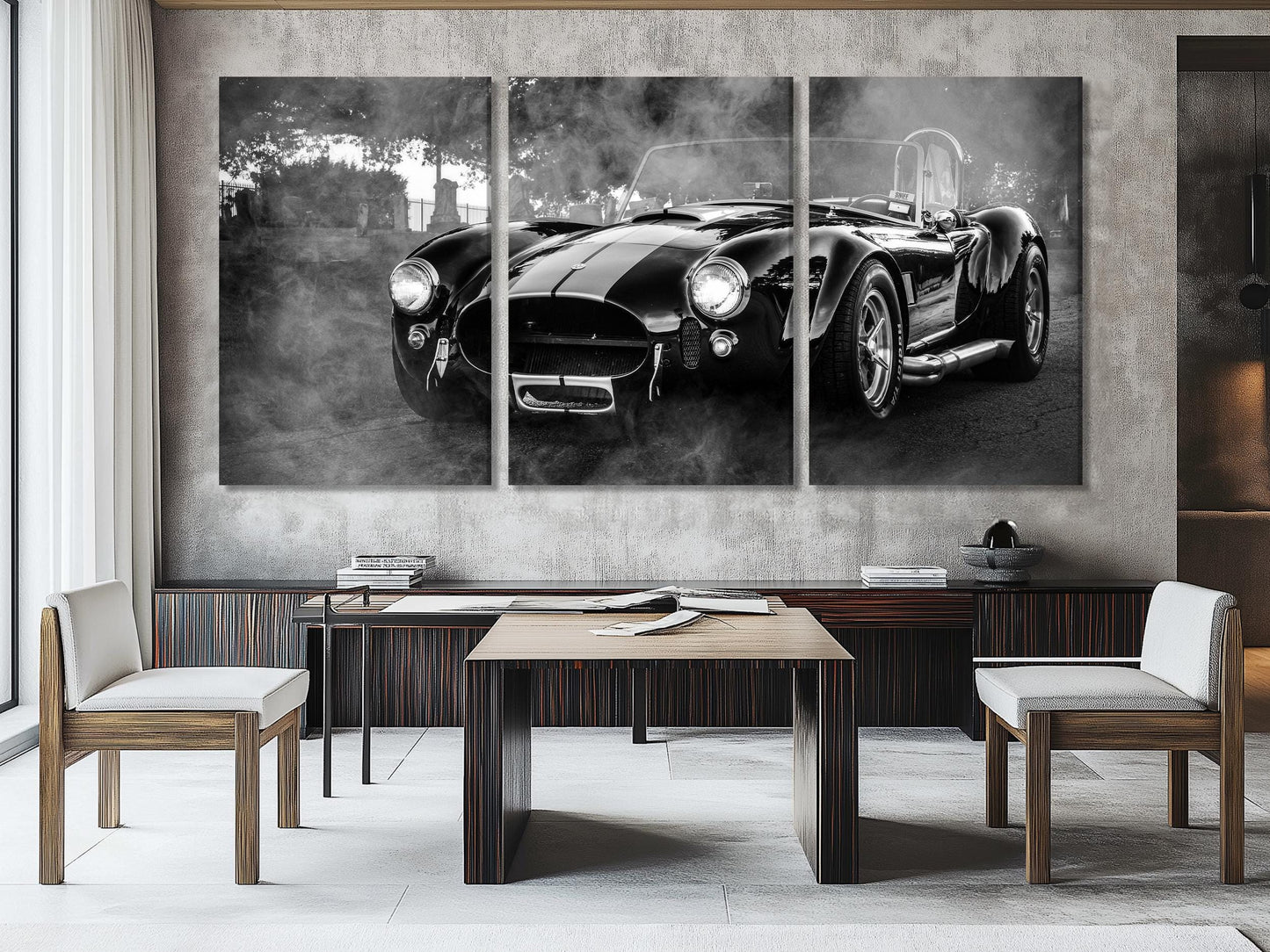 Lienzo de coche deportivo Cobra vintage, arte mural clásico Shelby Cobra negro, ilustraciones de muscle cars retro, fotografía de coches en blanco y negro, clásico en blanco y negro