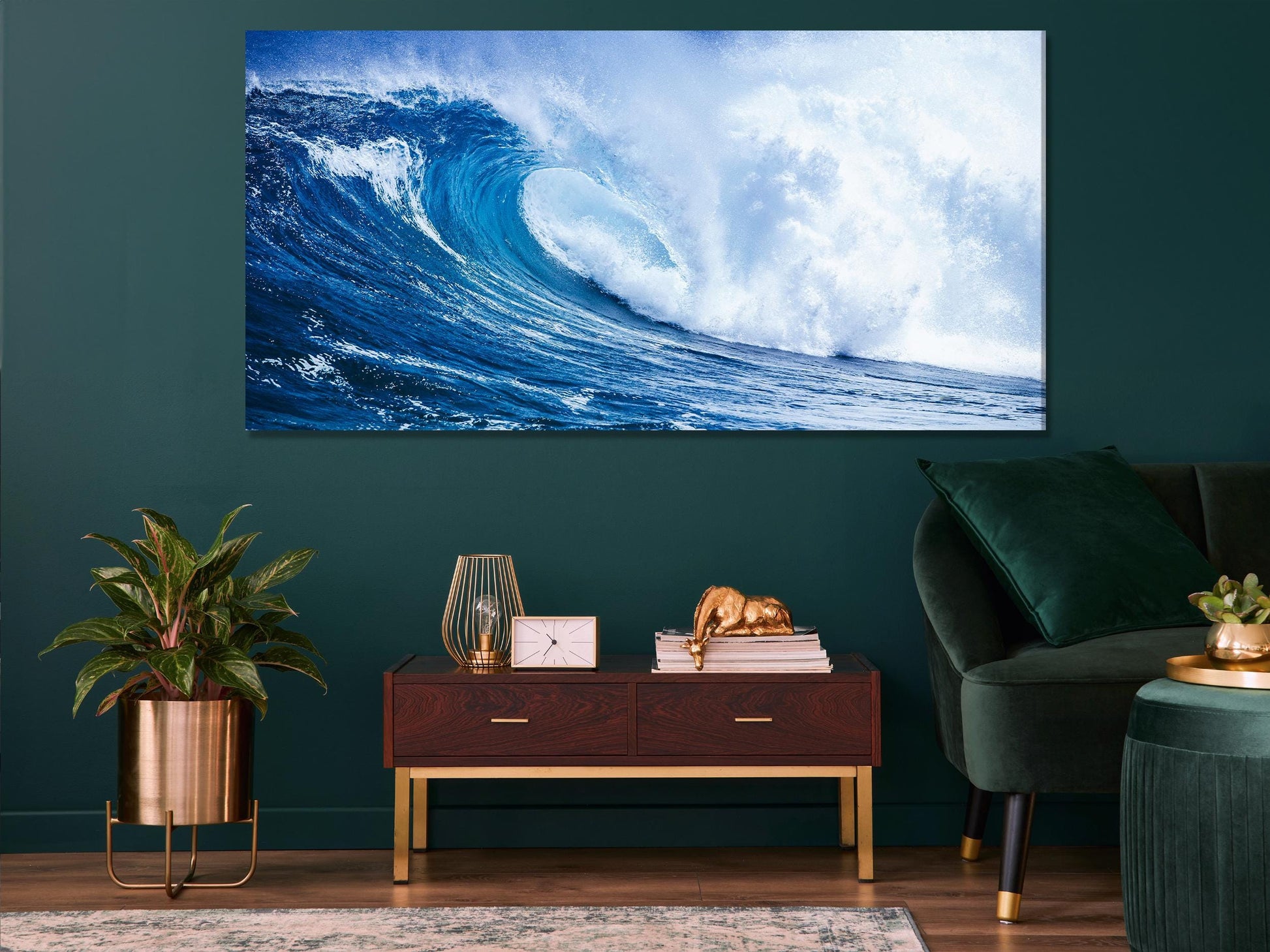 Majestic surf canvas print featuring a powerful wave curling in crystal-clear waters, offering a dynamic painting for those seeking bold sea-themed wall art.