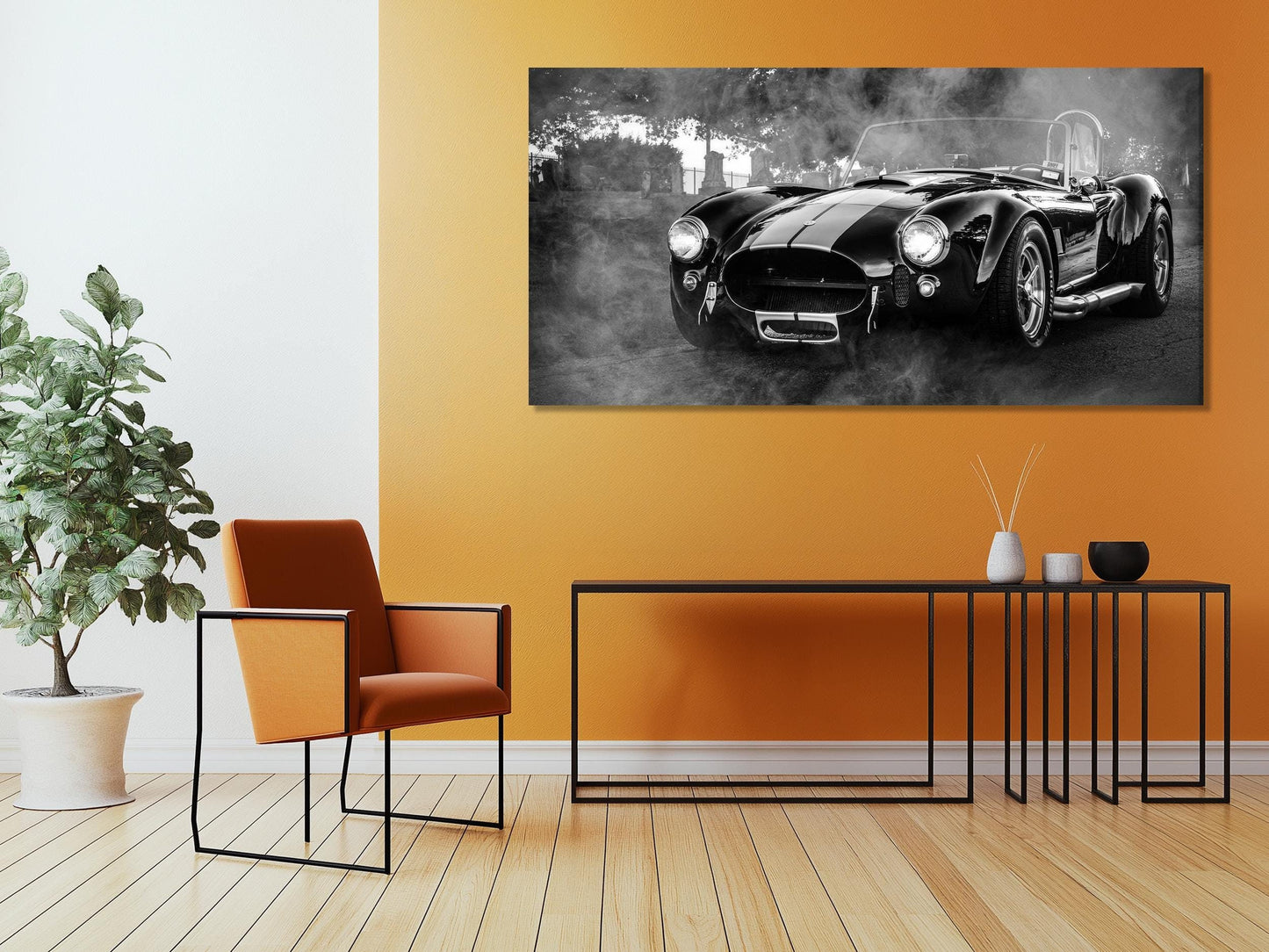 Lienzo de coche deportivo Cobra vintage, arte mural clásico Shelby Cobra negro, ilustraciones de muscle cars retro, fotografía de coches en blanco y negro, clásico en blanco y negro