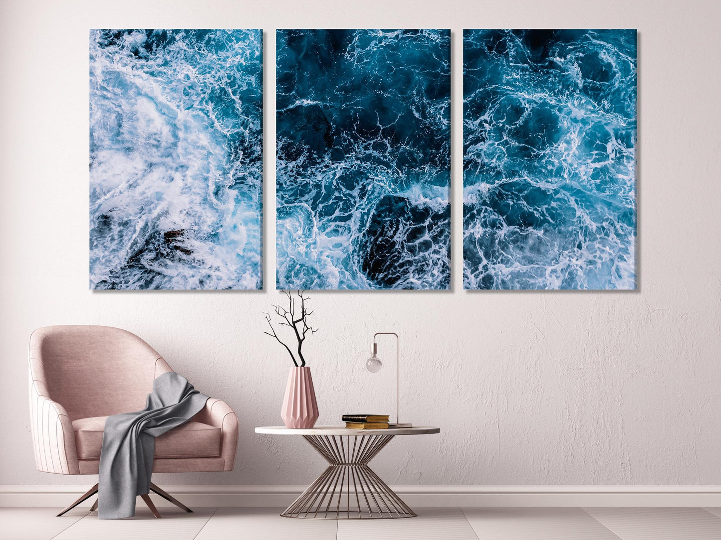 Muurkunst met oceaan golven - Grote kustmuurkunst, zeegolfkunstwerk, moderne kantoormuurdecoratie, nautische muurkunst, diepblauwe zeegezicht canvas kunst