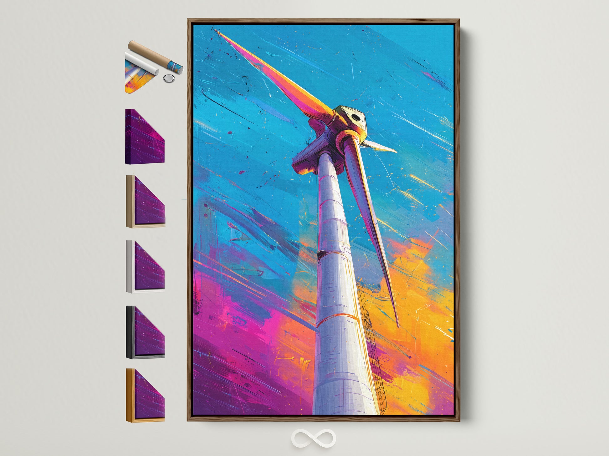 A vibrant artwork of a wind turbine is framed in a warm brown frame. The art print is mounted on a white wall. Various frame options are displayed. Explore framing choices for your artwork today.