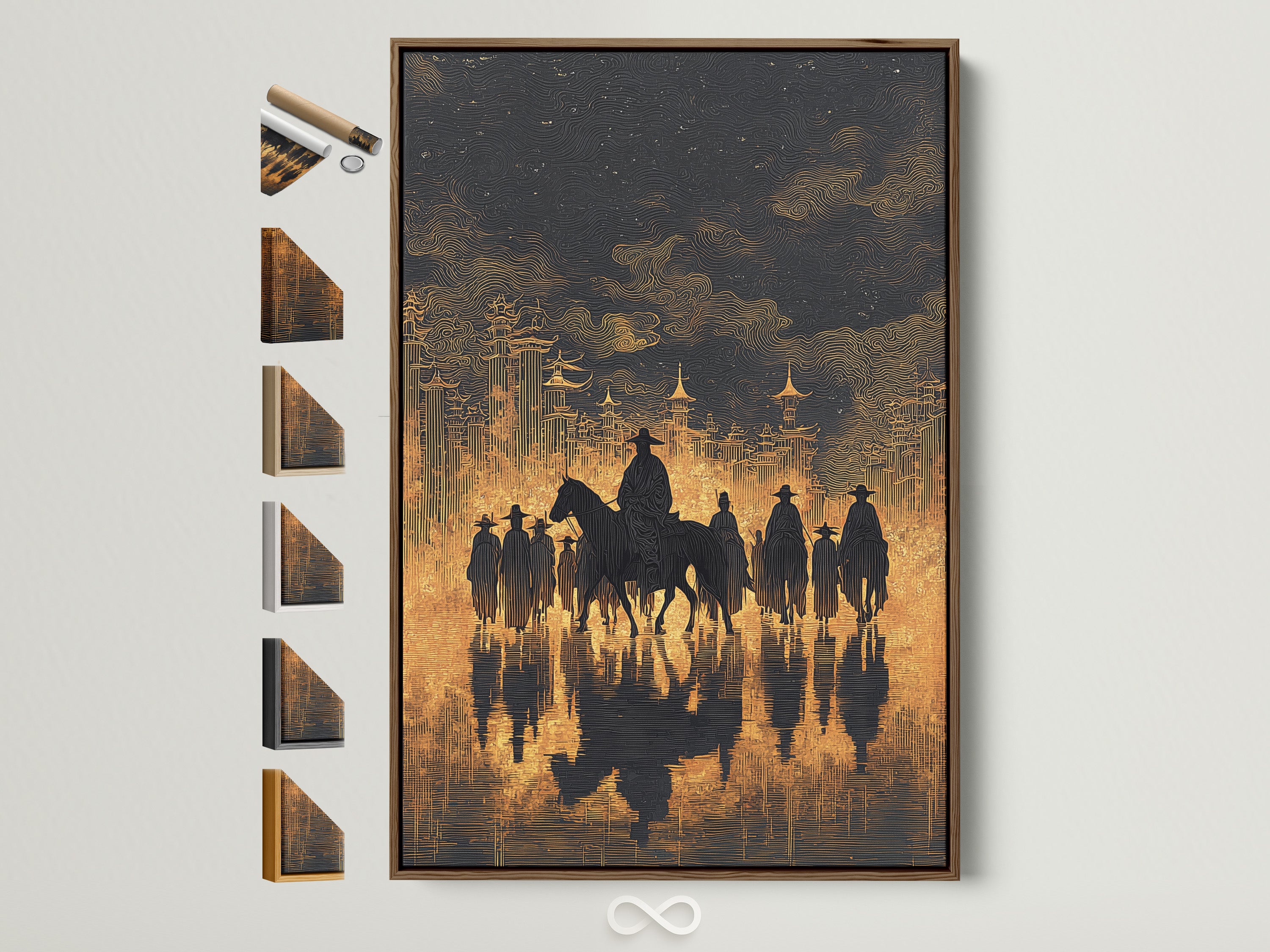 Western Cowboys Canvas Print framed in brown. All frame options are visible on the side. This vintage horseback silhouette wall art will add rustic country decor to your den. A perfect wall decoration.