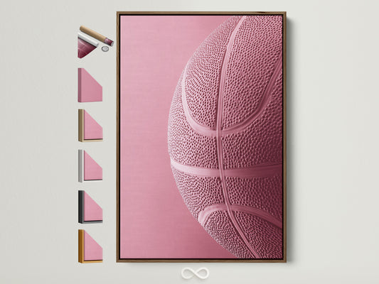 Brown frame with frame options. A pink basketball artwork is displayed. The art is framed in a brown frame. Explore various frame choices to complement your unique interior. Find the perfect frame to showcase your style and artwork.