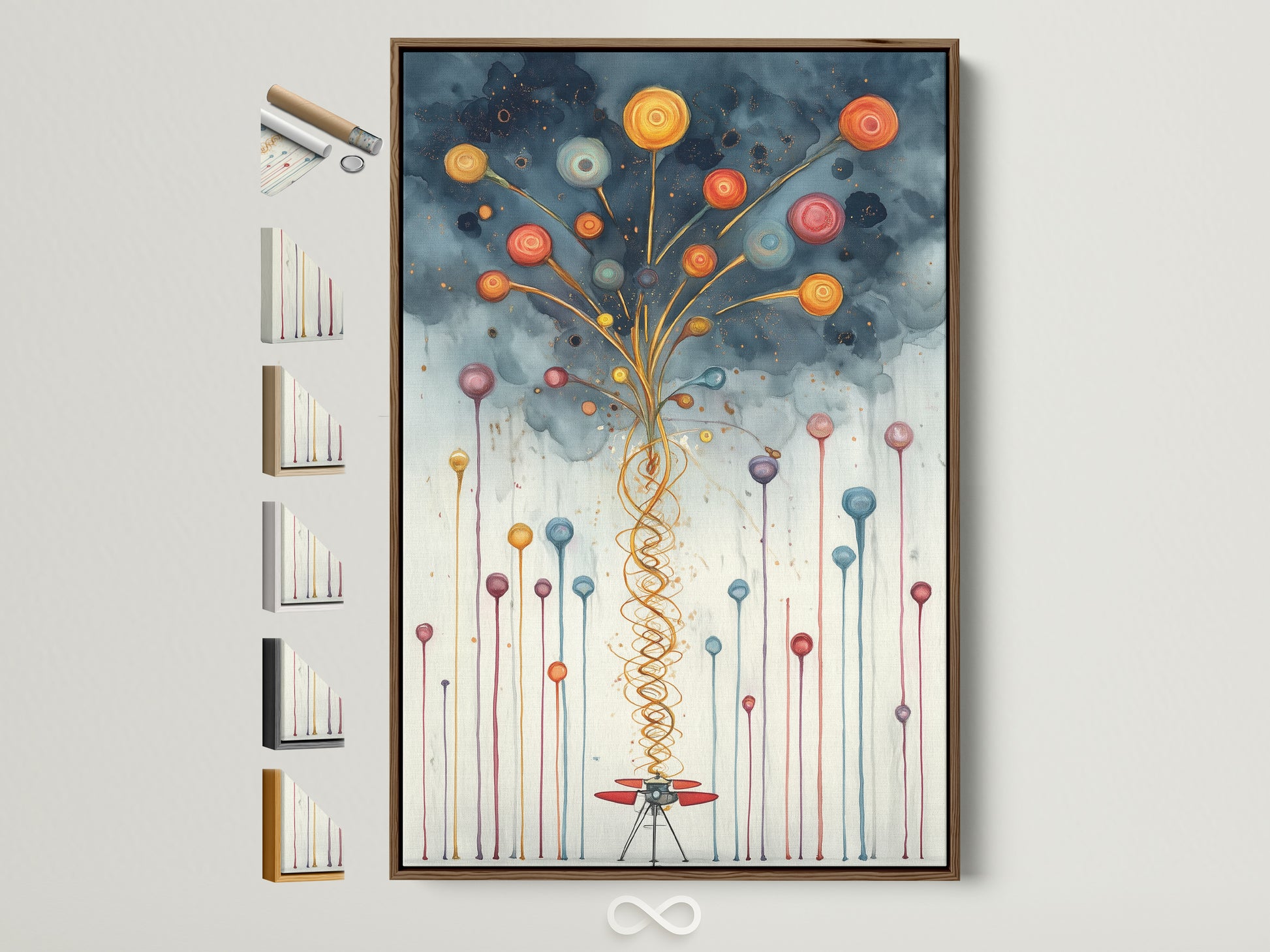 Brown frame showcasing a whimsical balloon canvas print. This modern artwork brings a playful touch to any space. See all frame options available on the side. Perfect for adding color to a nursery or playroom. A contemporary piece that elevates your wall decor.