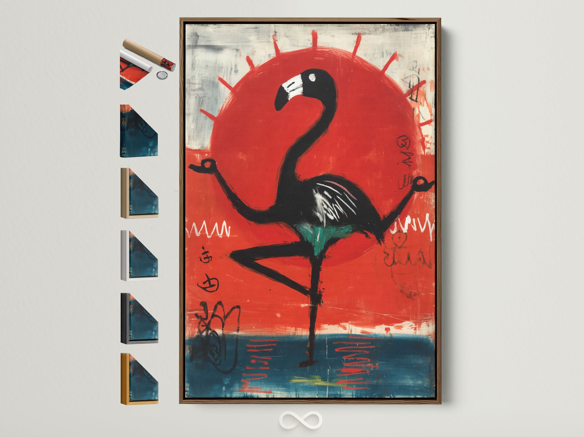 Explore framing options for modern flamingo artwork. The brown frame surrounds a contemporary bird art print. See available frame styles for your red sun canvas art. Perfect tropical wall art for home or office. Find the ideal frame to complement your bird artwork and decor.
