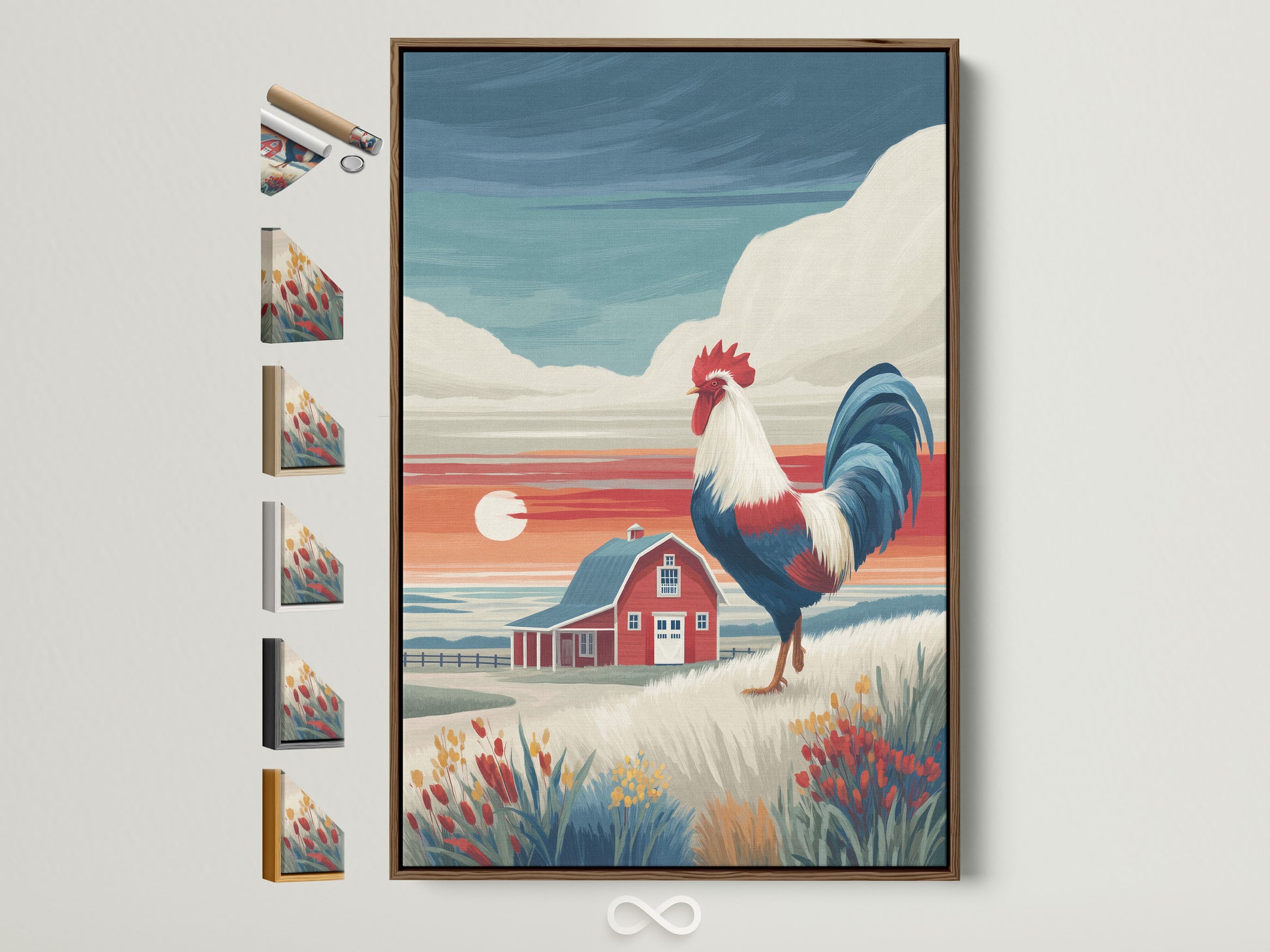 Rooster canvas print in a brown frame. Farmhouse wall art for country kitchen decor. A red barn landscape enhances dining room walls. Explore frame options to match your style. Elevate your rustic artwork with our framing choices.