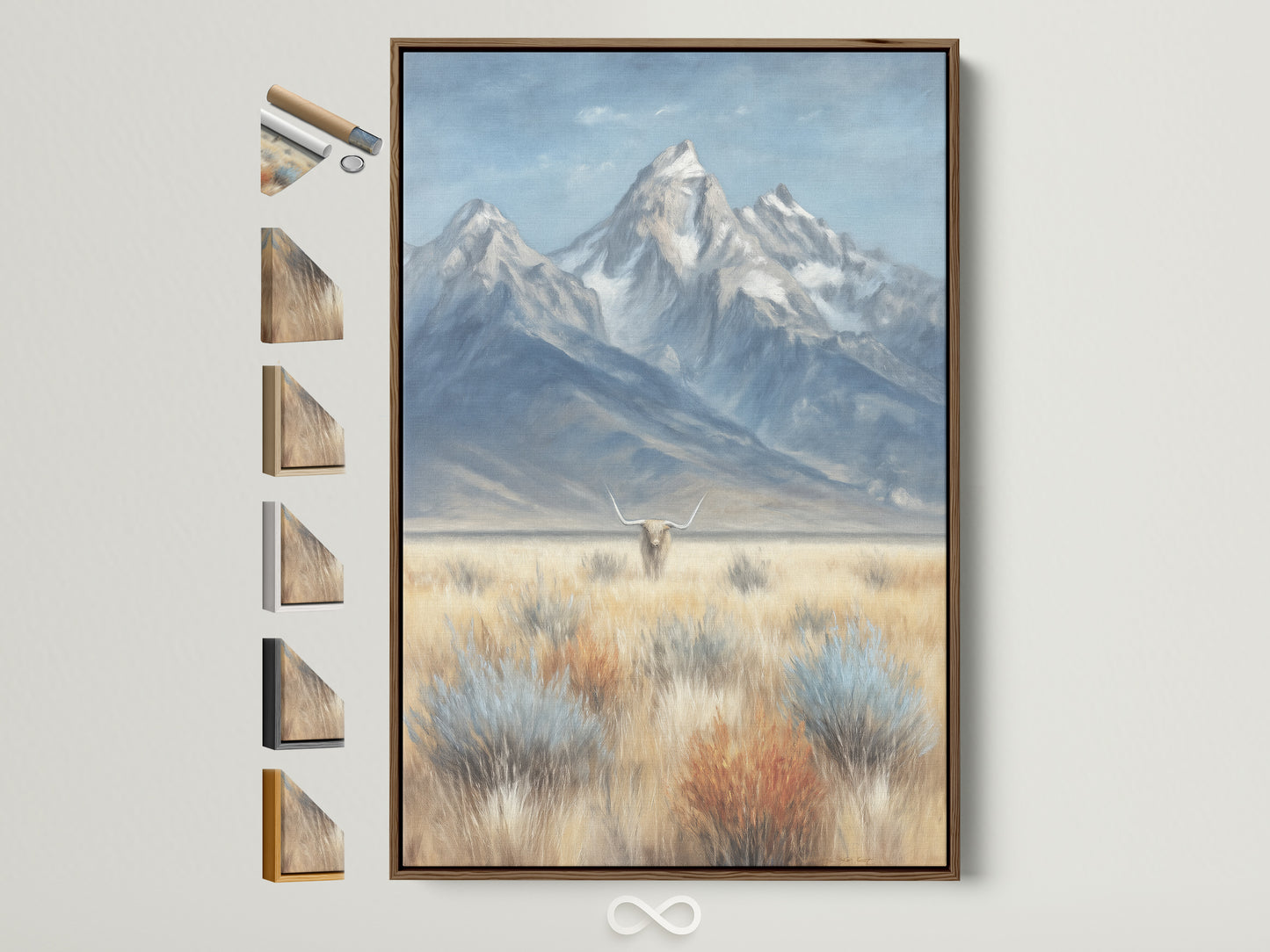 Mountain and Highland Cattle artwork in a brown frame graces a beige wall. Frame options are displayed beside it. This rustic farmhouse wall art brings countryside charm to any entryway. Discover the beauty of neutral wall art and animal canvas art.