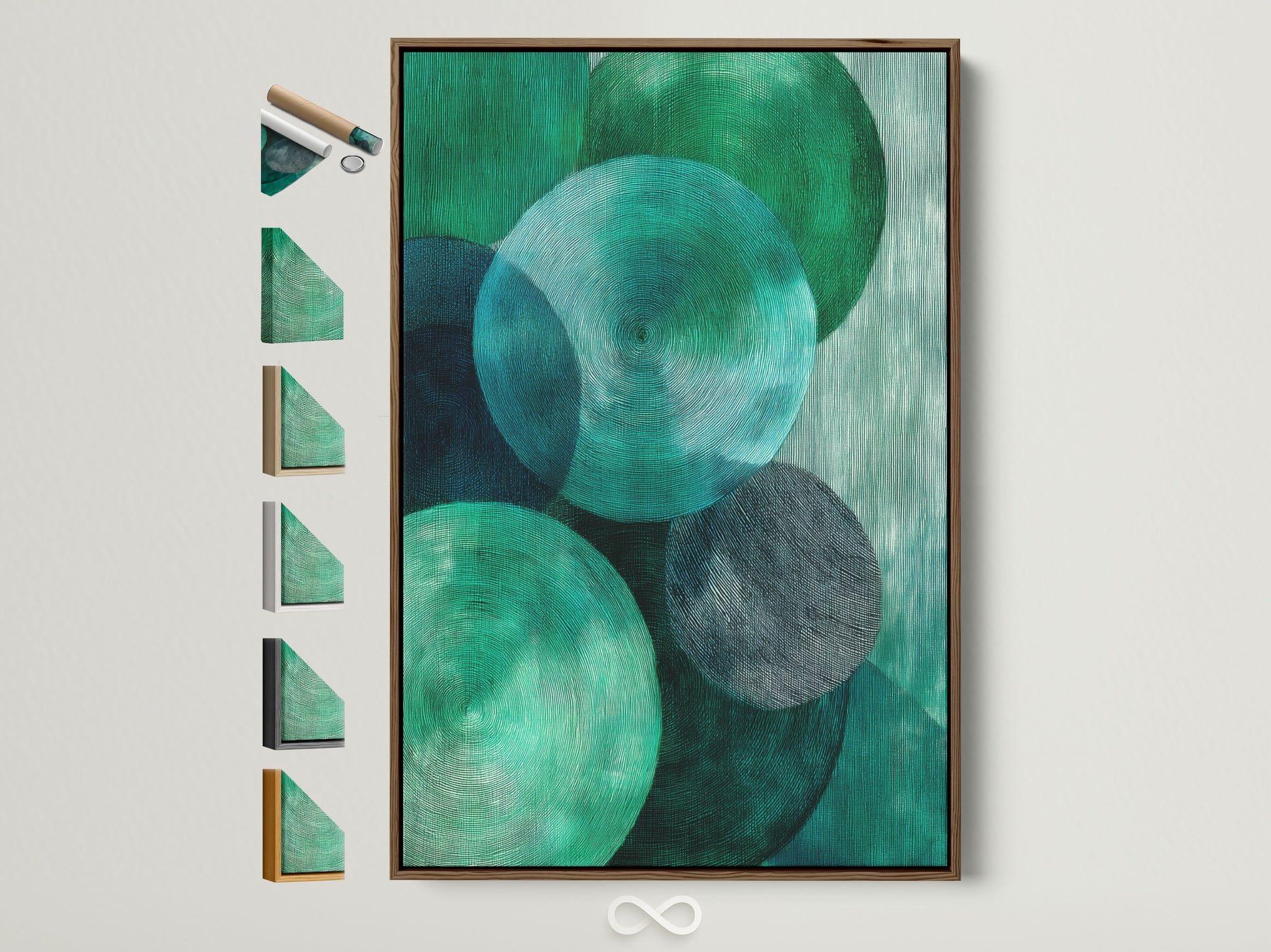 Abstract Geometric Canvas art in a brown frame. All frame options are visible on the side. The artwork features emerald green circles. This modern textured print is great for office wall decor. Perfect for homeowners renters interior designers and business owners seeking elevated modern art.