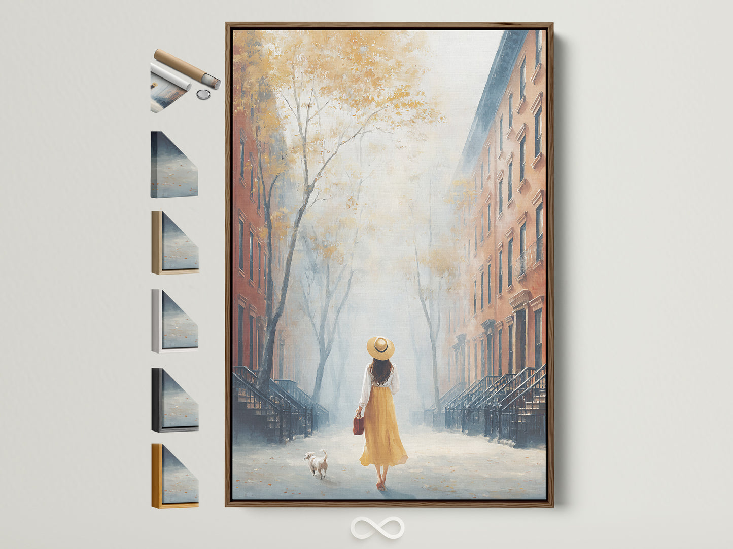 Cityscape canvas print with a brown frame. This urban autumn scene artwork features a girl and her dog. Perfect neutral art for entryway decor. Adds a peaceful touch to any room.