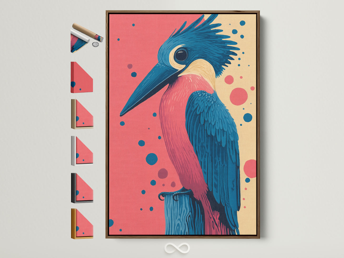 Kingfisher bird artwork with a brown frame. The artwork features pink and teal colors. See all of our frame options on the side. Perfect coastal wall decor for your home or boutique. Add a touch of avian art to your walls.