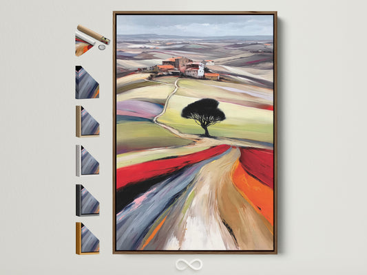 Tuscany Landscape artwork with a brown frame. Explore frame options for this Italian countryside wall art. This rustic farmhouse decor enhances any dining area. Discover various frame styles to complement your scenic artwork.