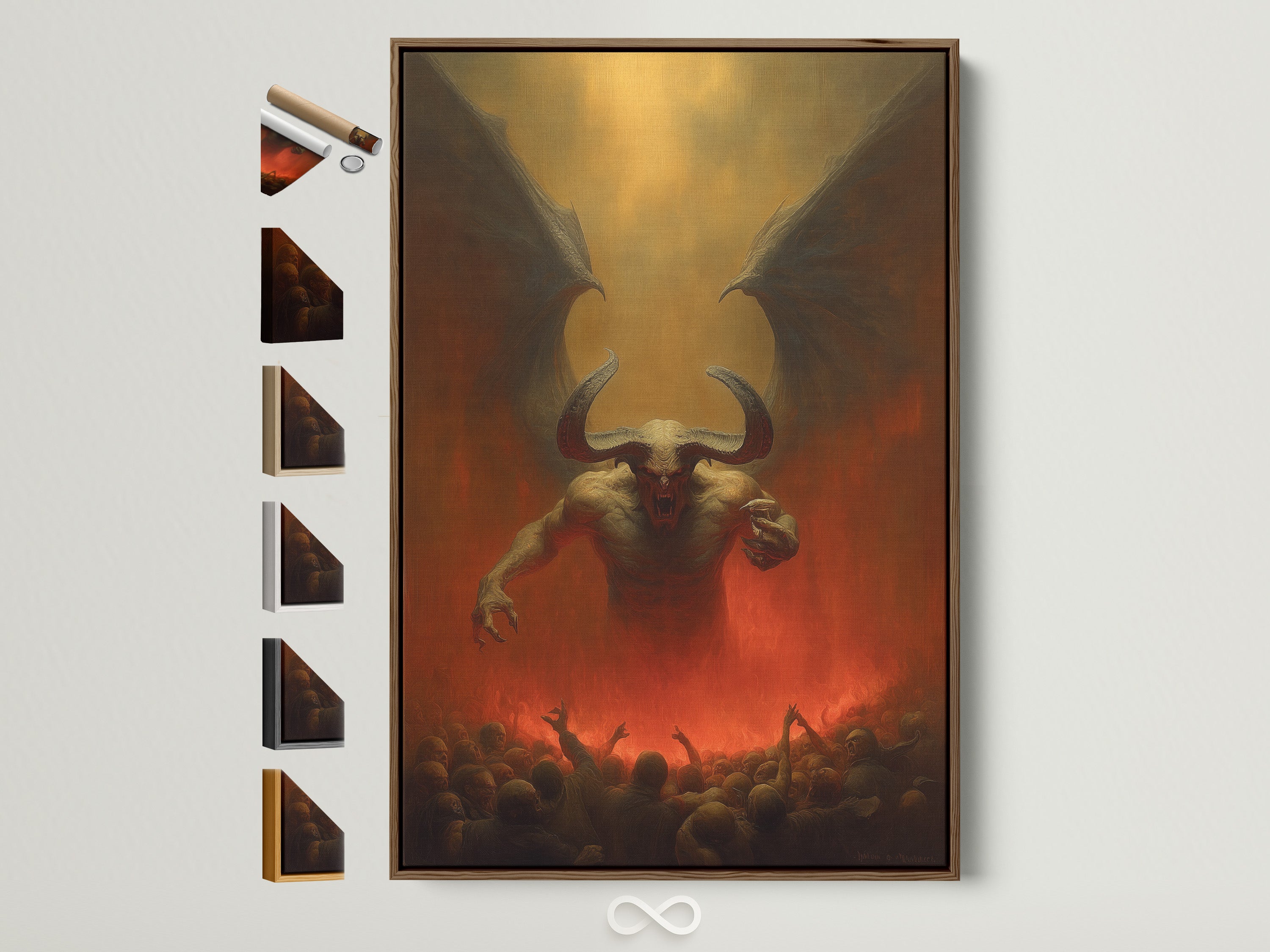 Framed artwork featuring a demon with wings and horns stands out. It is within a brown frame. All frame options are displayed on the side. Enhance your space with our unique framed art prints. Find the perfect frame to complement your style.