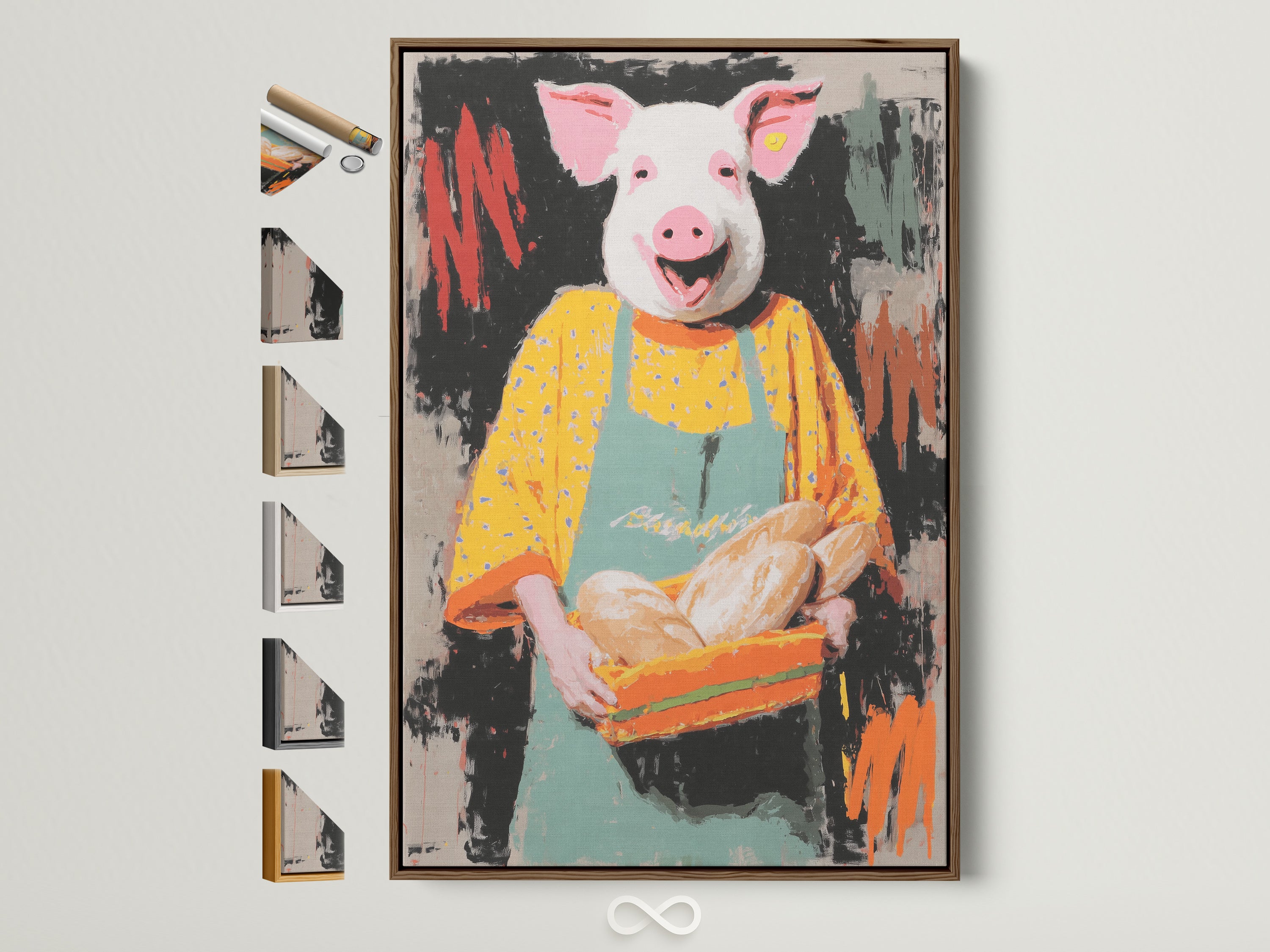 Pig Baker canvas art in a brown frame. This whimsical kitchen wall art features a funny animal print. Find chef pig artwork for your dining room. The artwork is surrounded by frame options.