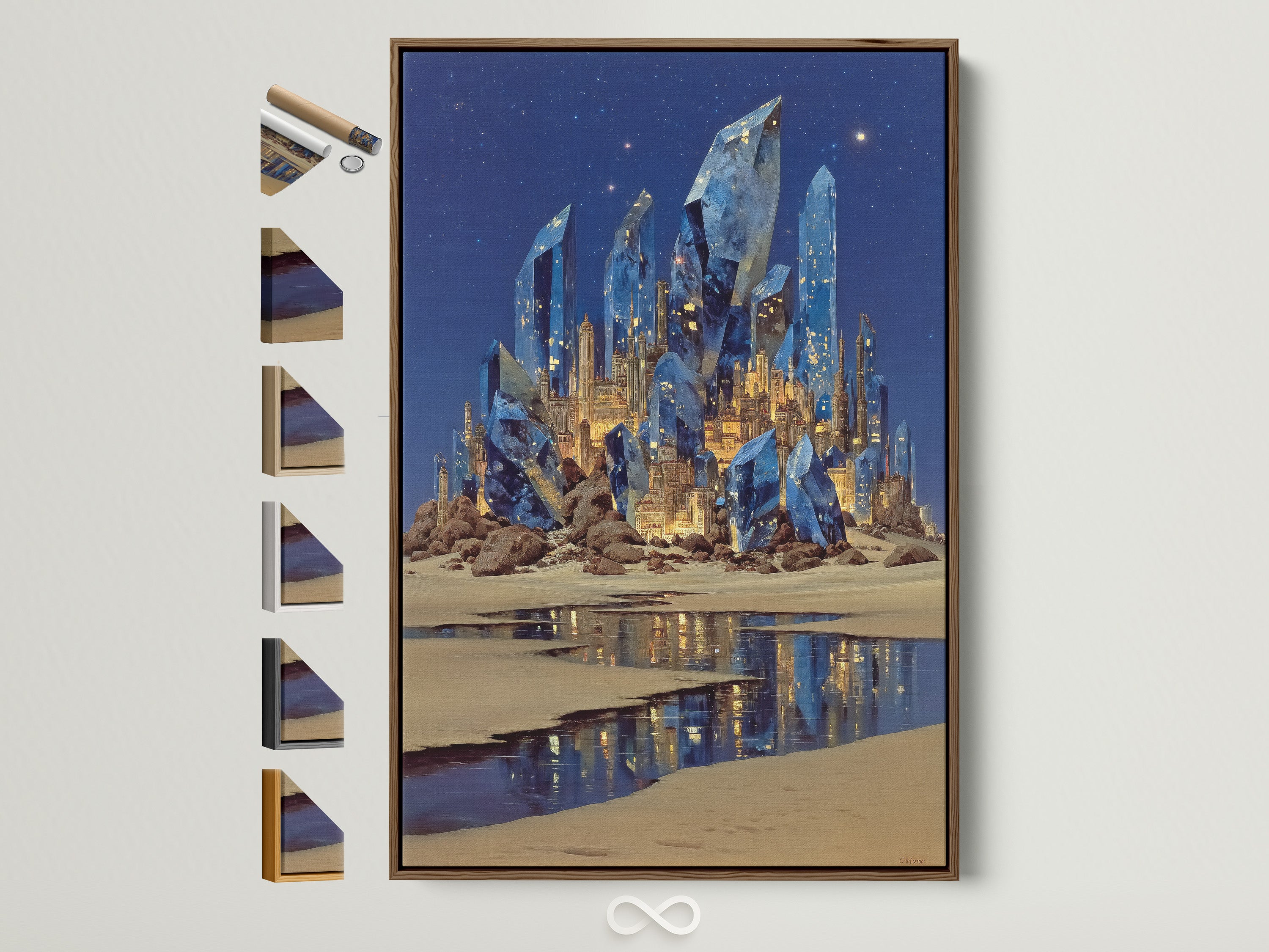 Explore framed fantasy crystal castle art. This surreal blue crystal wall art is displayed in a brown frame. Various frame options are showcased. Perfect magical landscape canvas print for bedroom wall decor. Transform your space with fantasy artwork today