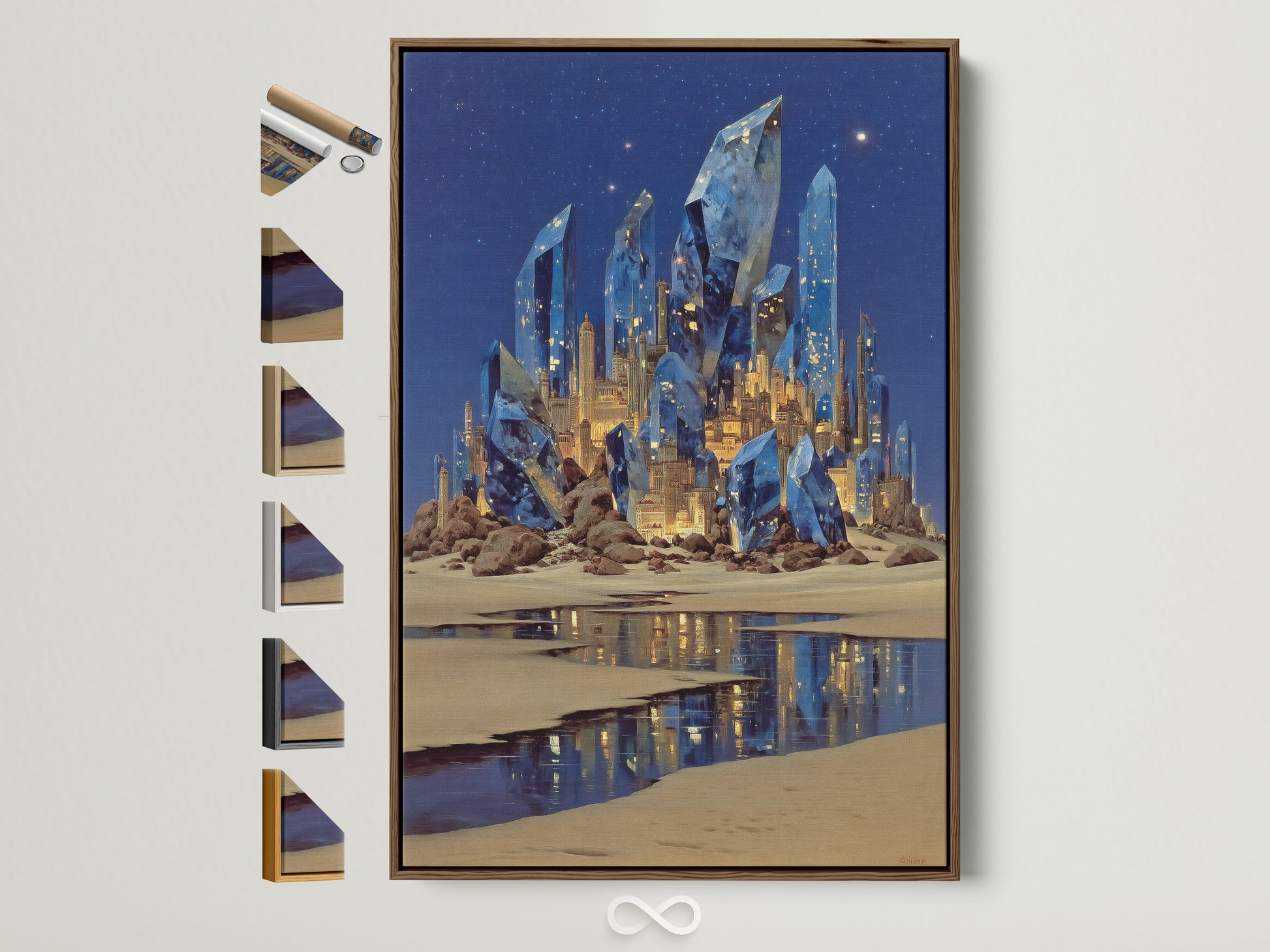 Explore framed fantasy crystal castle art. This surreal blue crystal wall art is displayed in a brown frame. Various frame options are showcased. Perfect magical landscape canvas print for bedroom wall decor. Transform your space with fantasy artwork today