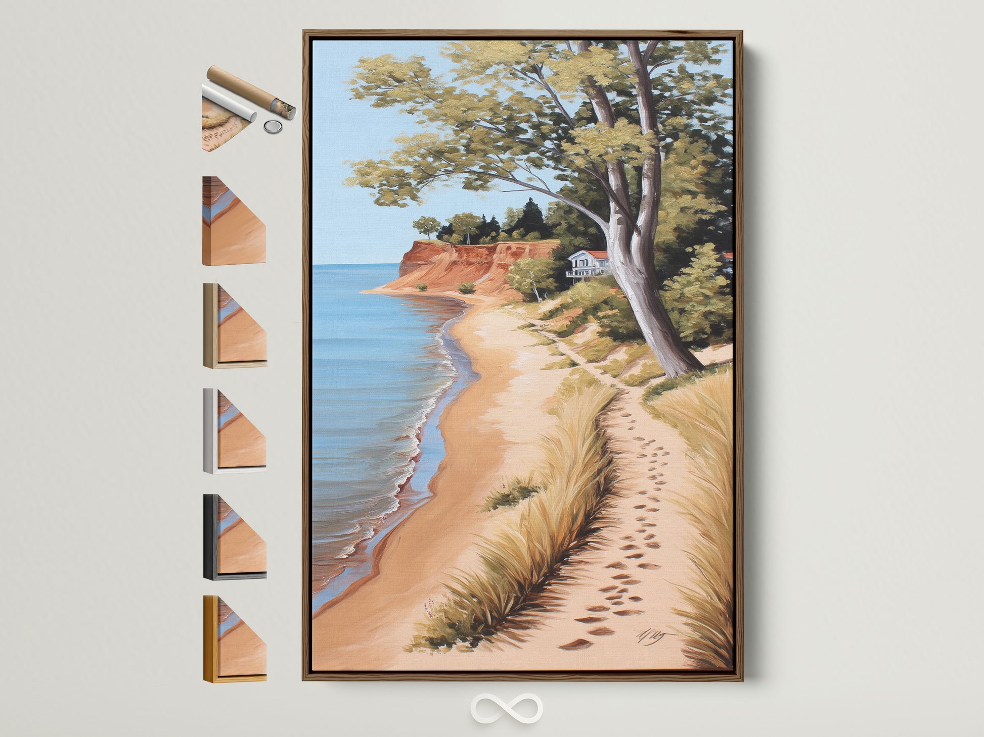 Coastal Beach Artwork with a Brown Frame. This serene ocean view print captures a sandy shoreline. All frame options are displayed. Ideal for coastal cottage decor bringing a touch of the beach to your space. Discover framed artwork to enhance your home's ambiance.