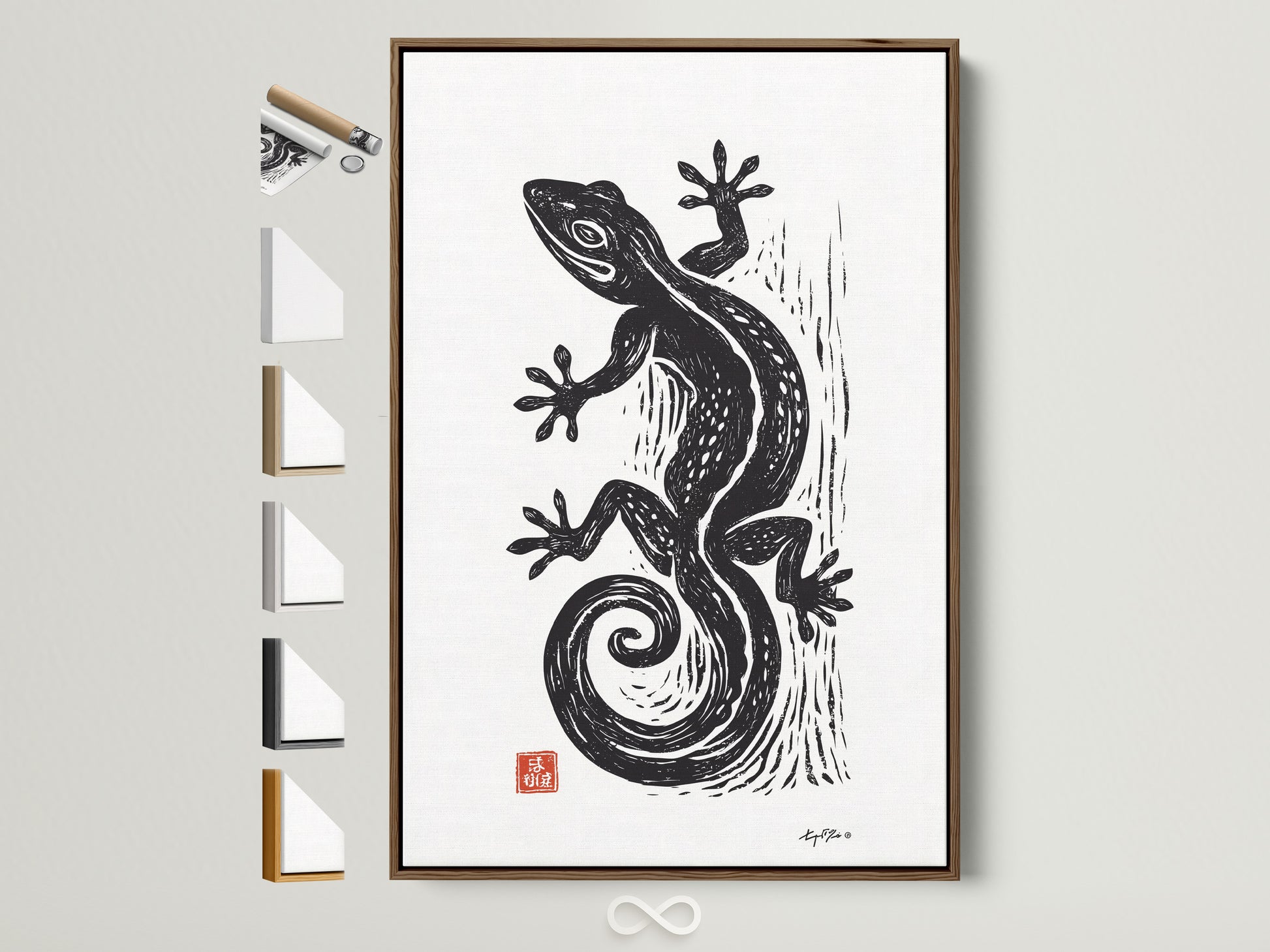 Brown frame displays available frame options. This artwork is matted and framed. A brown frame showcases a print of a black gecko. This art piece adds style to any room. Consider this framed artwork for your home.