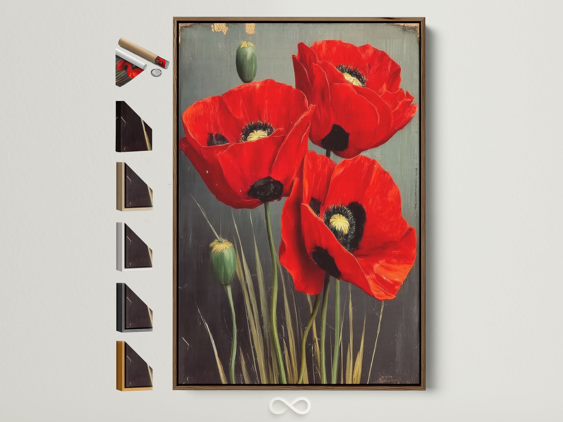 A red poppy floral artwork in a brown frame is displayed. See the various frame options available for this vintage flower photography print. Perfect floral wall art for bedroom decor. Add a touch of farmhouse style to your space.