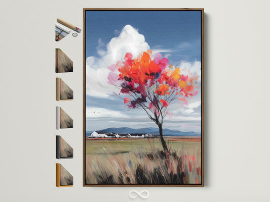 A vibrant autumn tree artwork is displayed in a brown frame. The framed art shows a colorful fall foliage landscape. Various frame options are showcased beside it. Perfect wall art for a farmhouse or rustic aesthetic. Add a touch of nature with this impressionist art.
