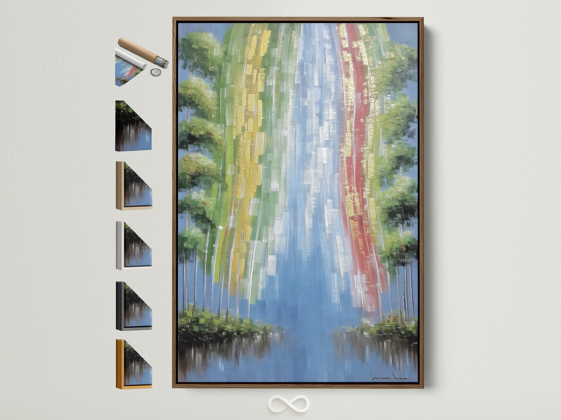 Abstract Waterfall artwork with a brown frame. The artwork features colorful nature wall decor. See all frame options available on the side. Perfect contemporary river canvas for your office or home. Modern art print to elevate your space.