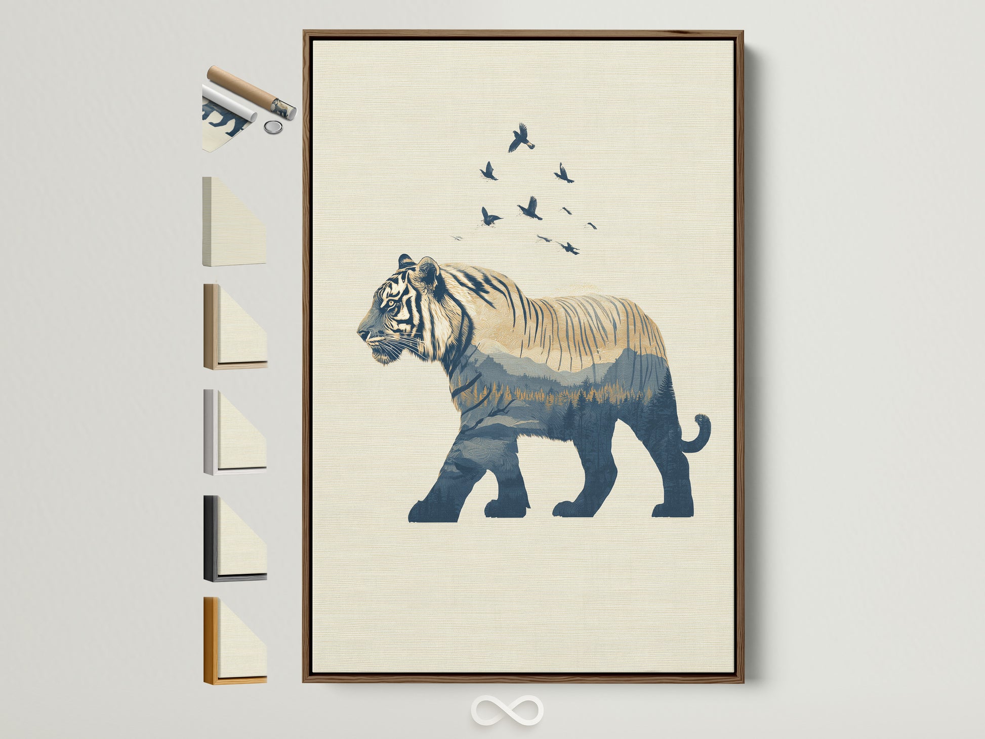 Explore framed art options with this brown frame showcasing a blue tiger artwork. See the variety of frame styles available. Find the perfect frame for your minimalist animal art. This wildlife silhouette art adds a contemporary touch to any room. Ideal for office and bedroom decor.