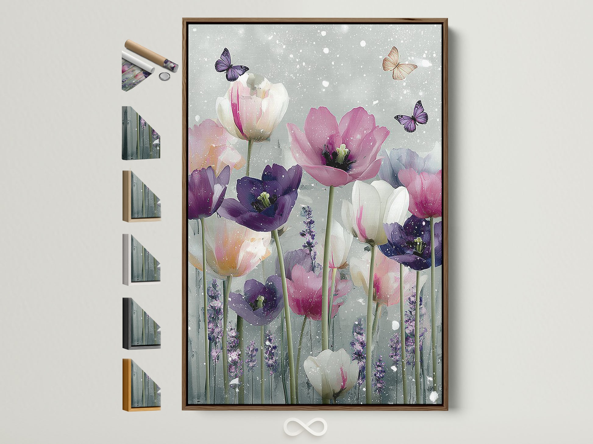 A vibrant floral artwork featuring tulips in shades of purple pink and white. Butterflies flit among the blooms. The art is displayed in a warm brown frame. Explore framing options for your artwork. Customize your space with beautiful framed art.