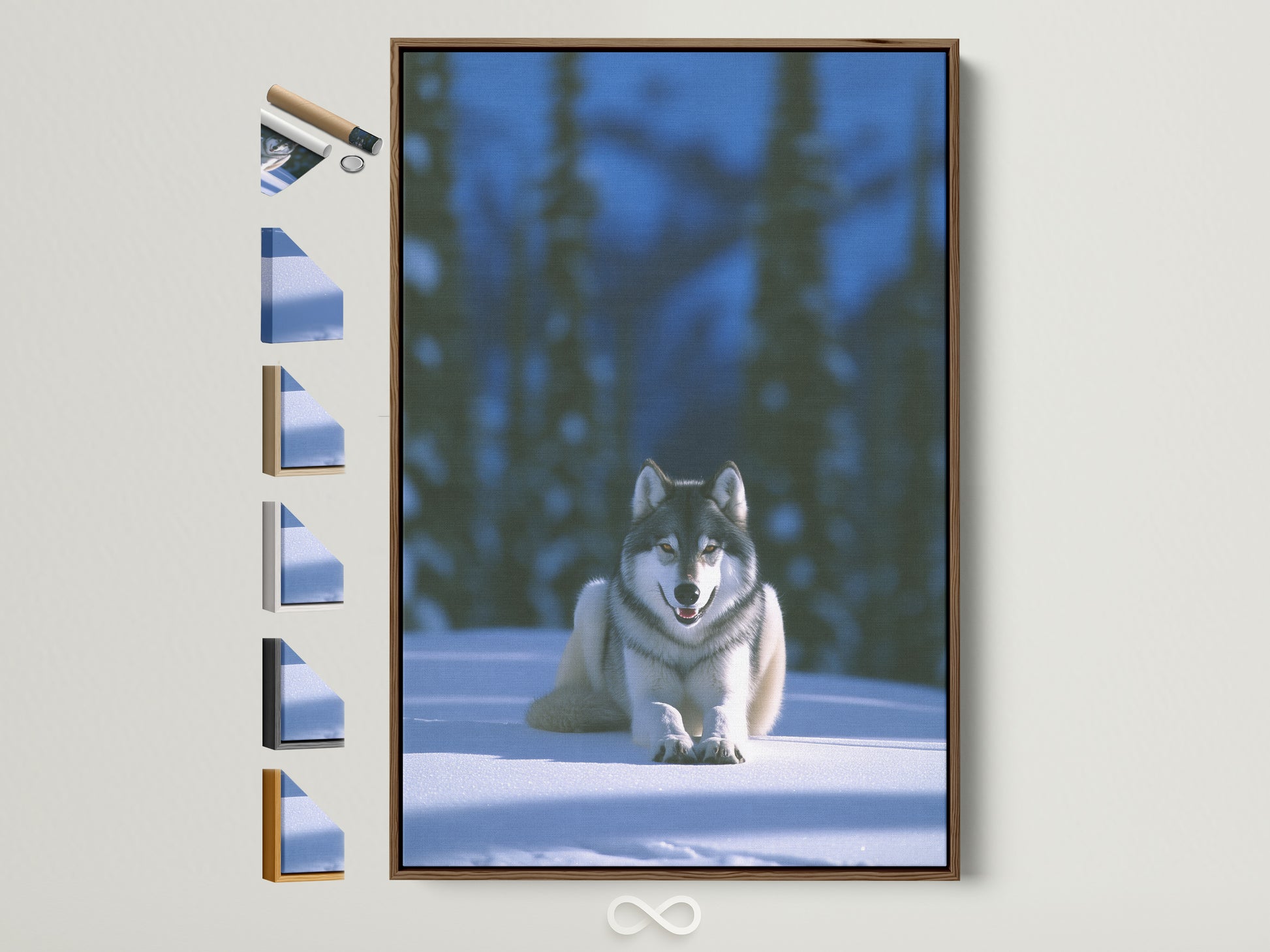 A wolf canvas print with a brown frame is displayed alongside frame options. This winter forest wall art features an arctic animal. It's perfect cabin decor for nature lovers. Consider this wildlife artwork as a thoughtful wolf lover gift. Enhance your space with this serene snow scene art.