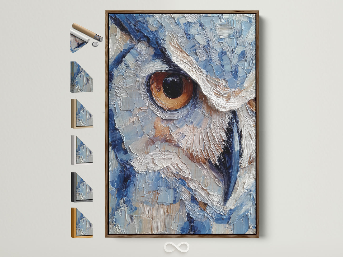 Artwork featuring a striking owl's eye in a brown frame. The artwork is displayed with all frame options visible on the side. The painting style is textured and expressive. The colors are primarily blues and whites creating a captivating focal point.