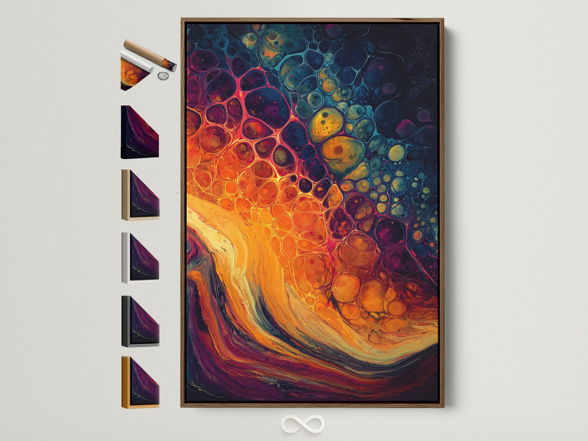 Artwork featuring an abstract fluid painting in a brown frame. The art piece shows vibrant colors and dynamic patterns. See all our frame options. Find the perfect frame to complement your style. Explore a variety of frame choices for your art.