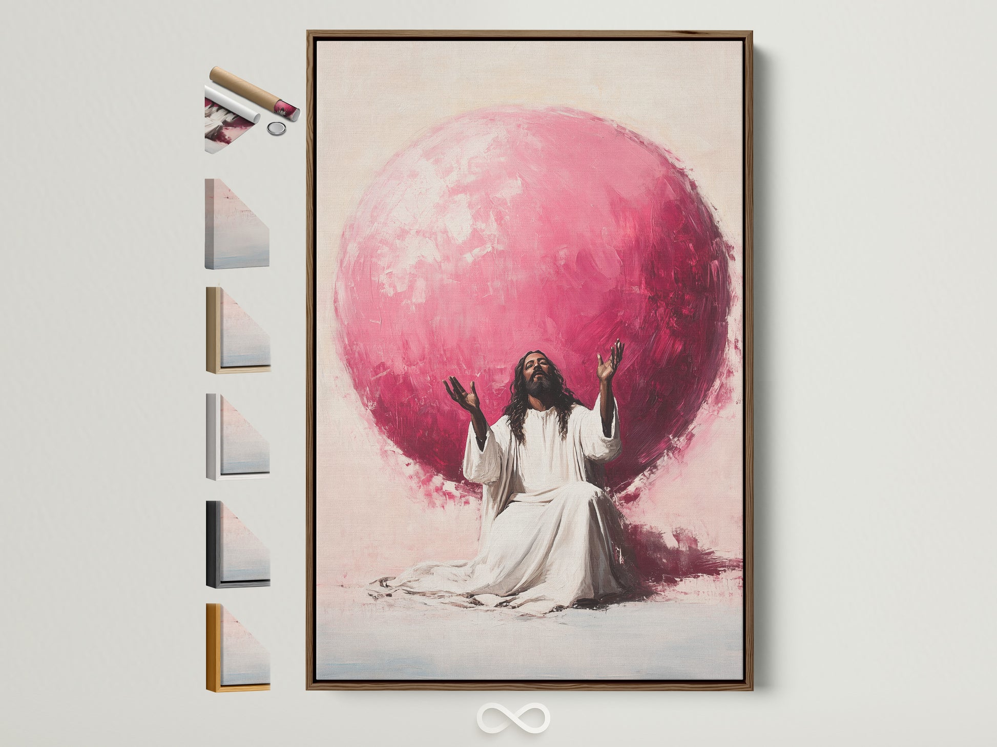 Explore our frame options. This image shows a brown frame. All frame choices are displayed on the side. Find the perfect frame for your artwork. Elevate your space with our beautiful frames.